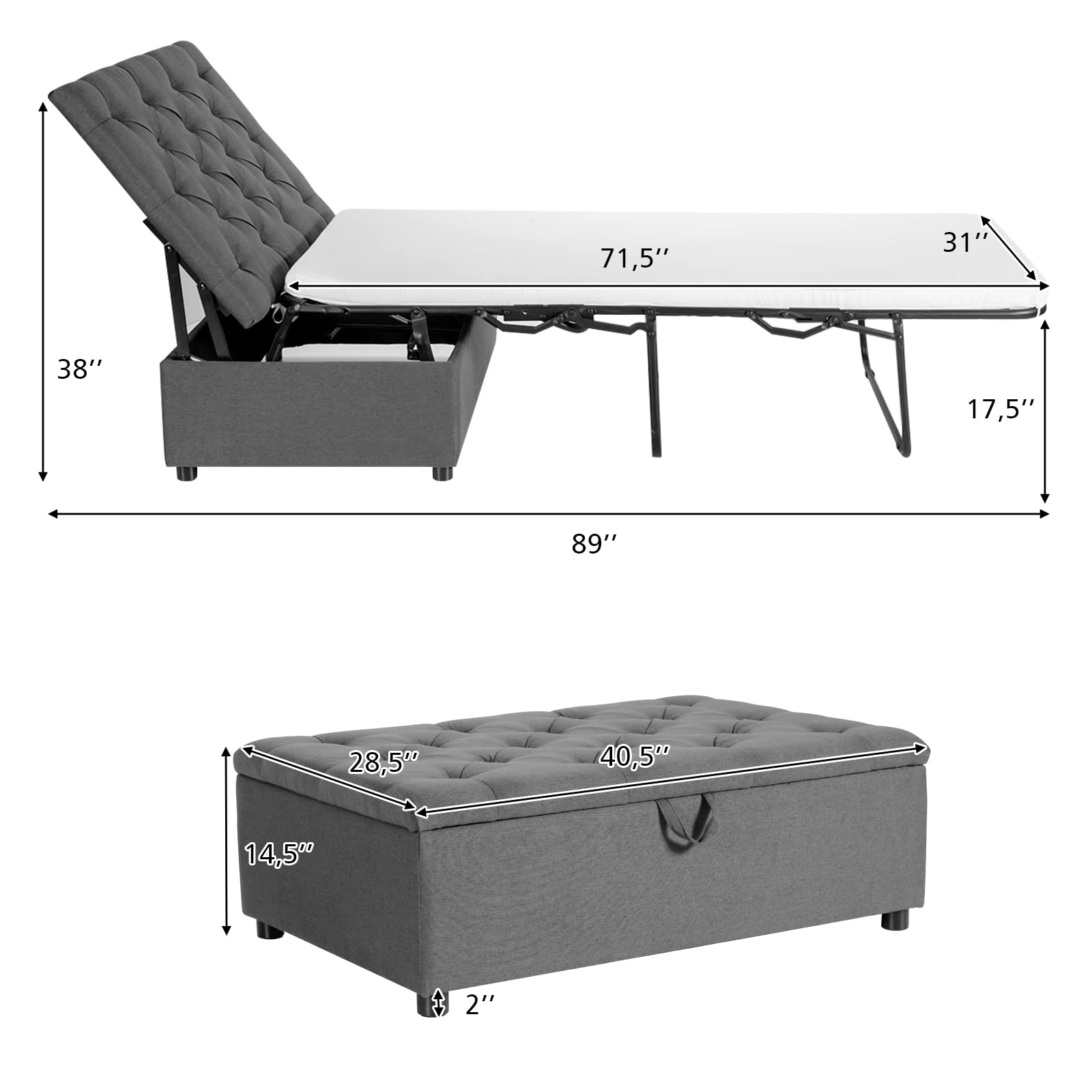 Folding Ottoman Sleeper Chair With Mattress, Convertible Fold Out Sofa Bed