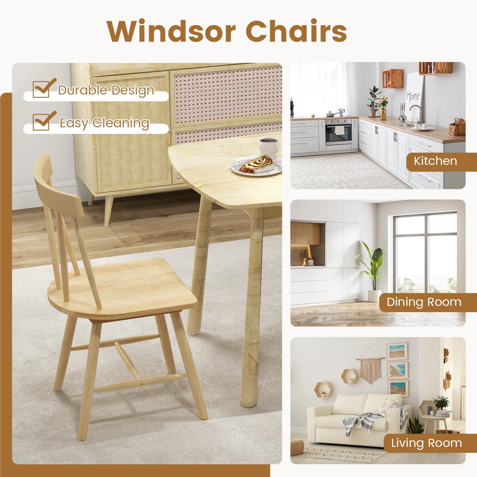 Set of 2/4 Windsor Chairs, Rubber Wood Dining Chairs with Spindle Back, Wide Seats, Anti-Slip Foot Pads