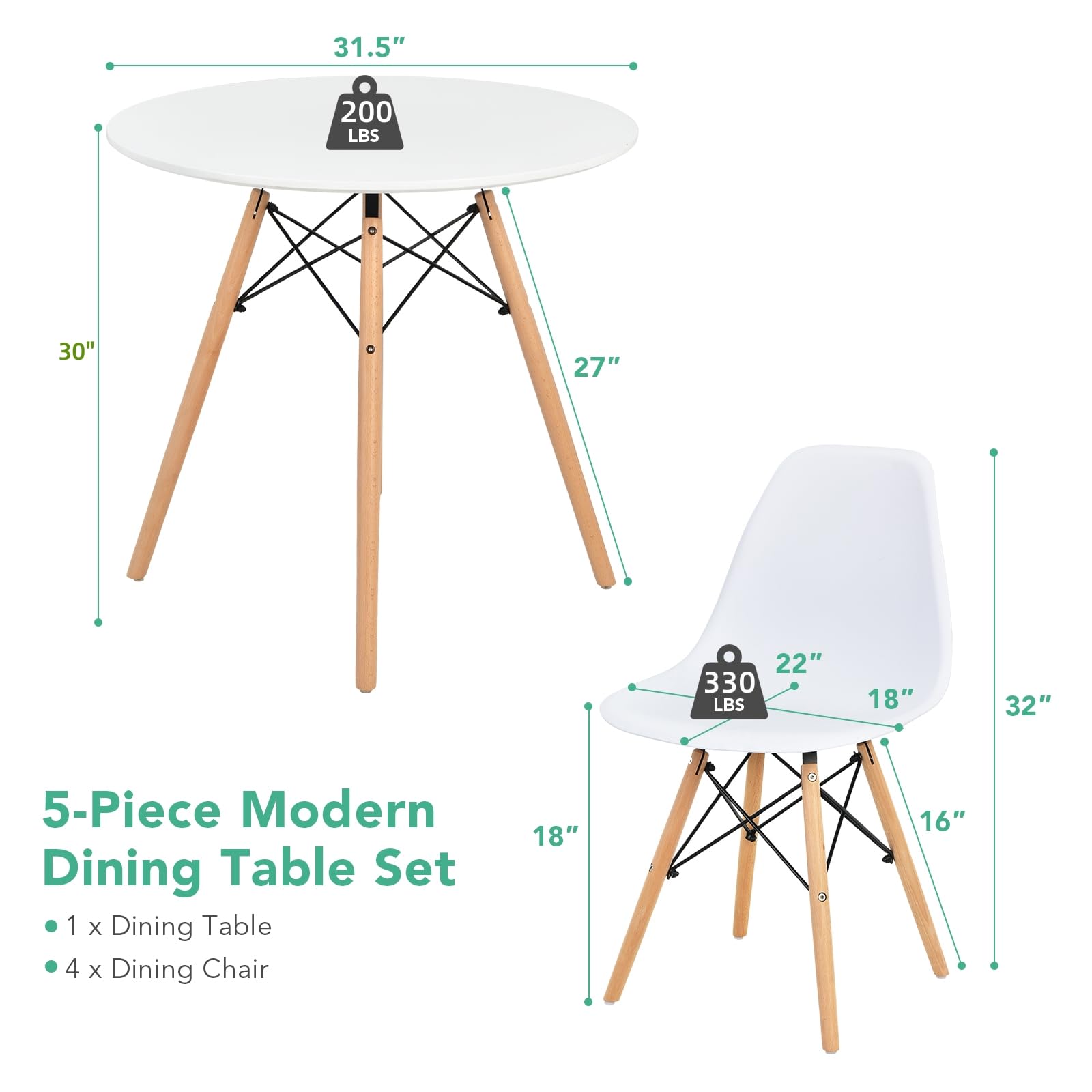 Round Dining Table Set for 4, Modern 31.5" D Dining Table & 4 Dining Chairs with Solid Wood Legs