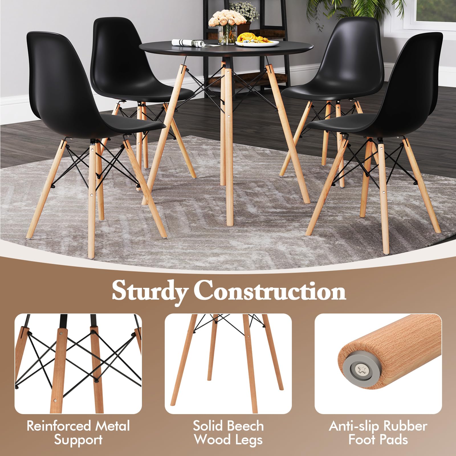 Round Dining Table Set for 4, Modern 31.5" D Dining Table & 4 Dining Chairs with Solid Wood Legs