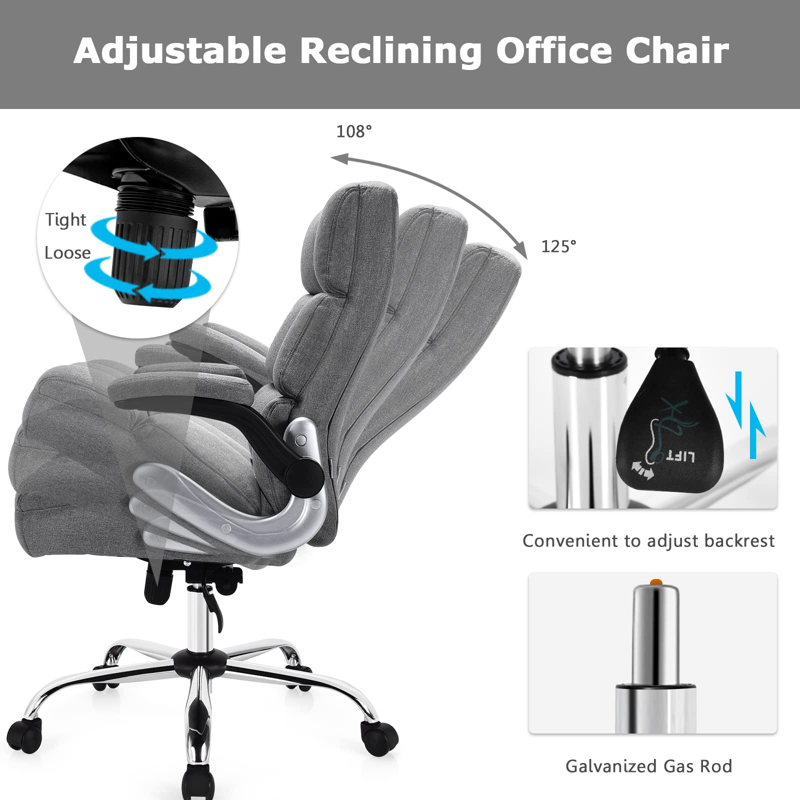 Executive Office Chair, Adjustable Tilt Angle and Flip-up Armrest Linen Fabric Upholstered Chair with Thick Padding