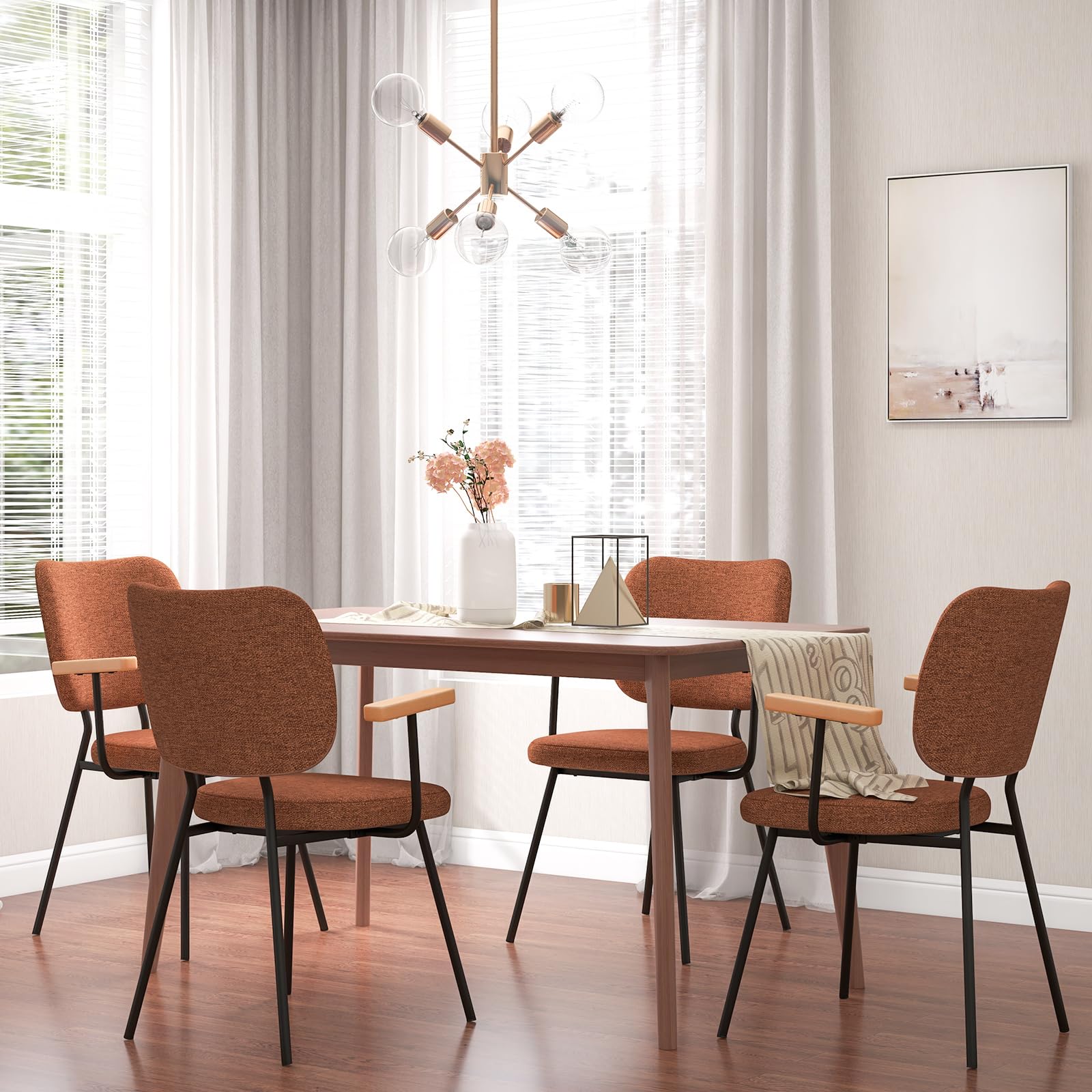 Modern Fabric Dining Chair Set of 2/4, Padded Armchairs with Linen Fabric, Sturdy Metal Legs, Curved Backrest