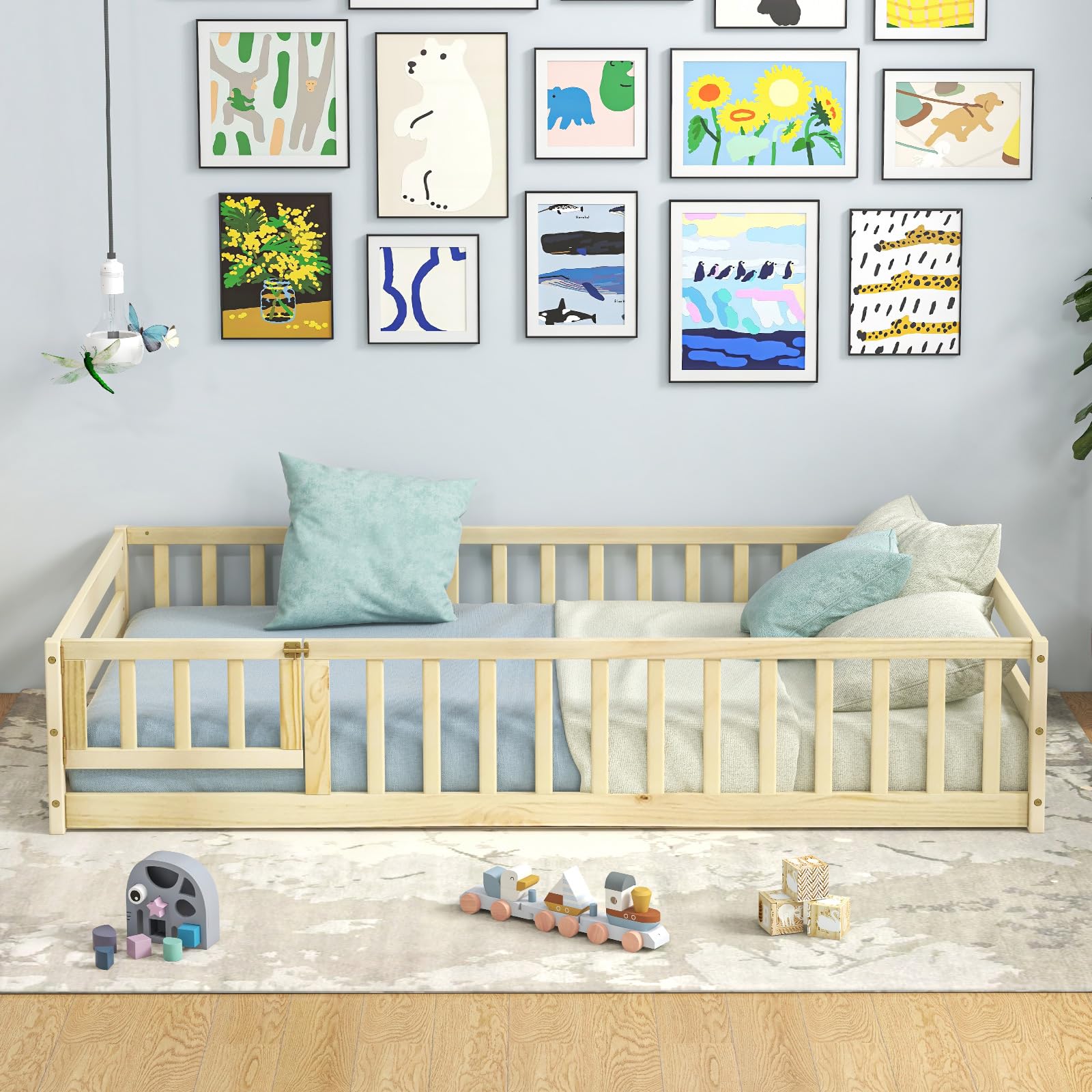 Twin Floor Bed with Door & Fence, Kids Wood Montessori Bed with Safety Guardrails
