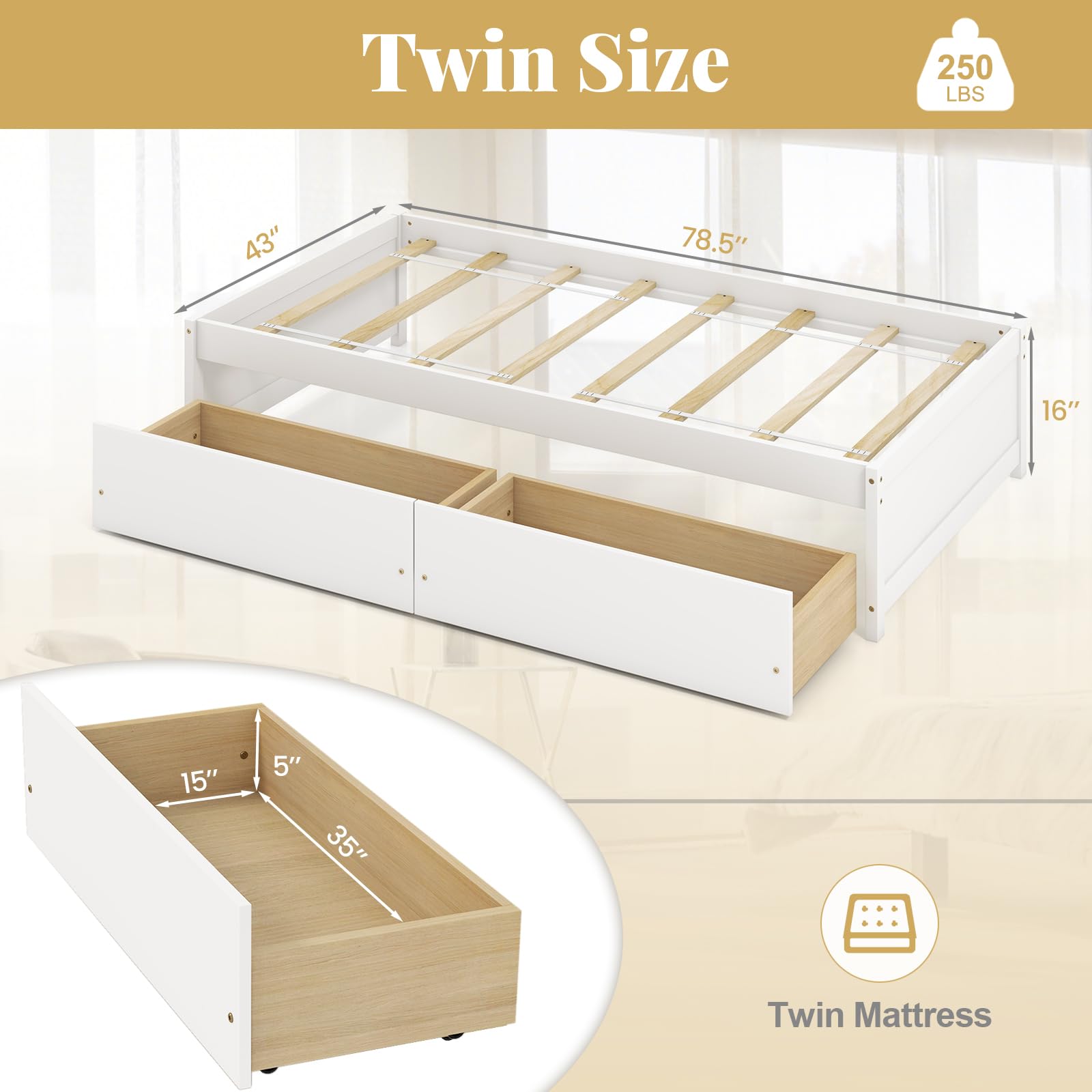 Bed Frame with 2 Storage Drawers, Solid Wood Platform Bed with Slats Support