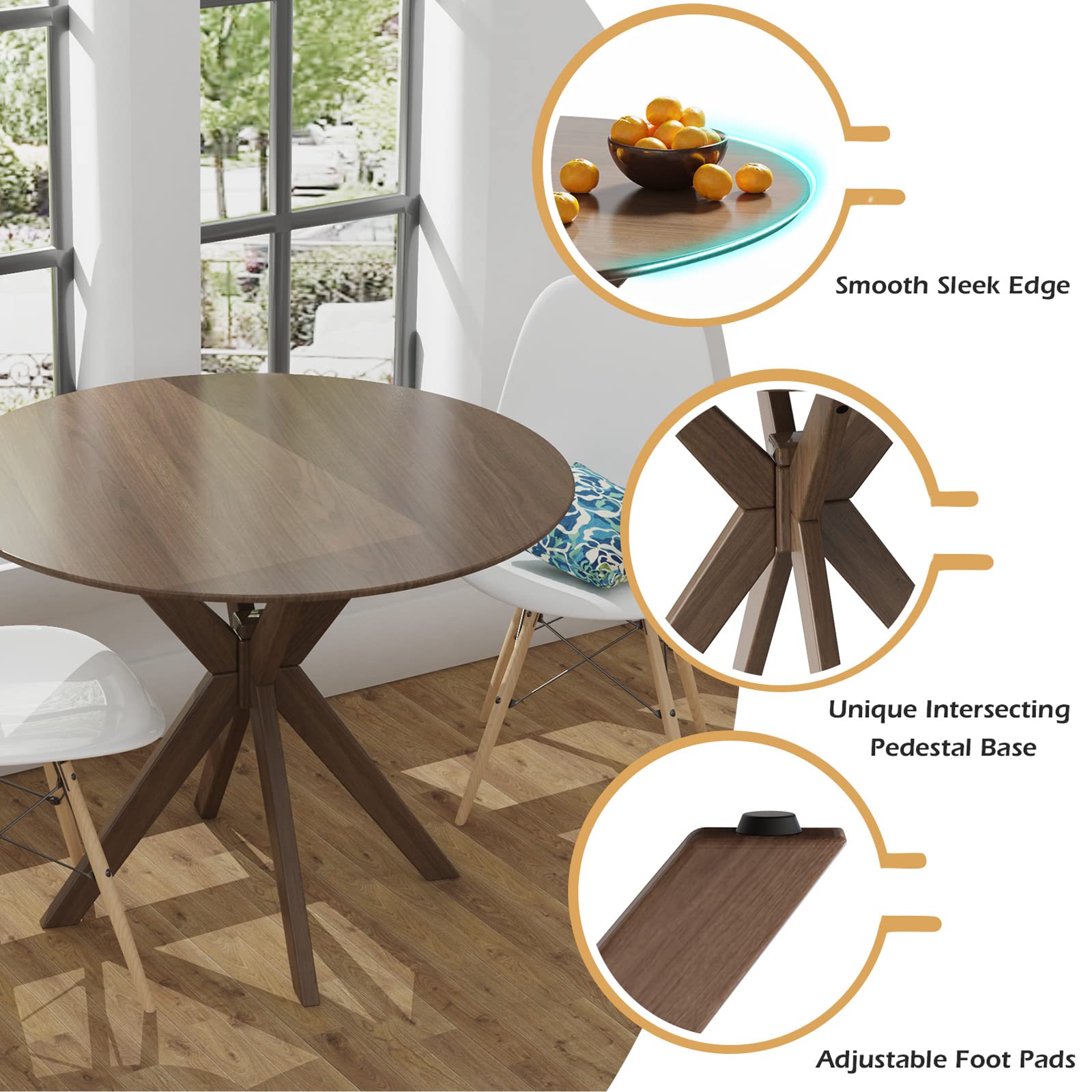 36" Round Dining Table, Solid Wood Kitchen Table with Intersecting Pedestal Base and Adjustable Foot Pads