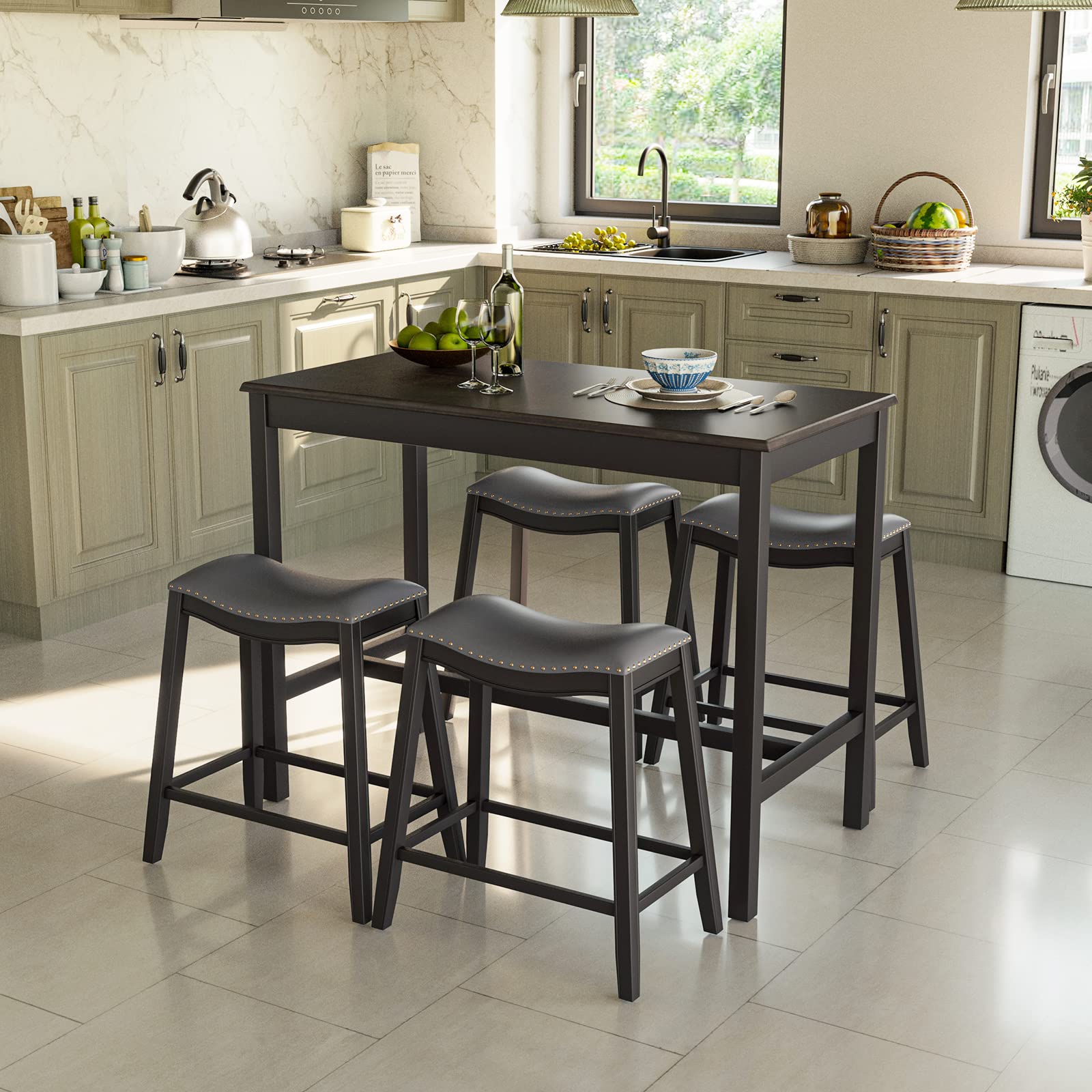 Dining Table Set for 4, Kitchen Counter Height Table w/ 4 Stools, 5 Piece Bistro Table Set