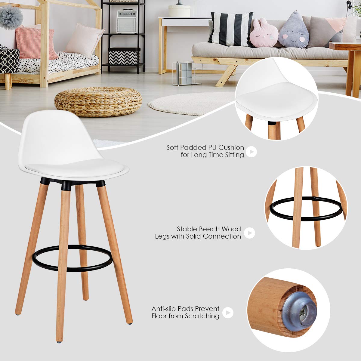 Bar Stools Set of 2/4, Modern Armless Kitchen Stool with Soft PU Leather Seat
