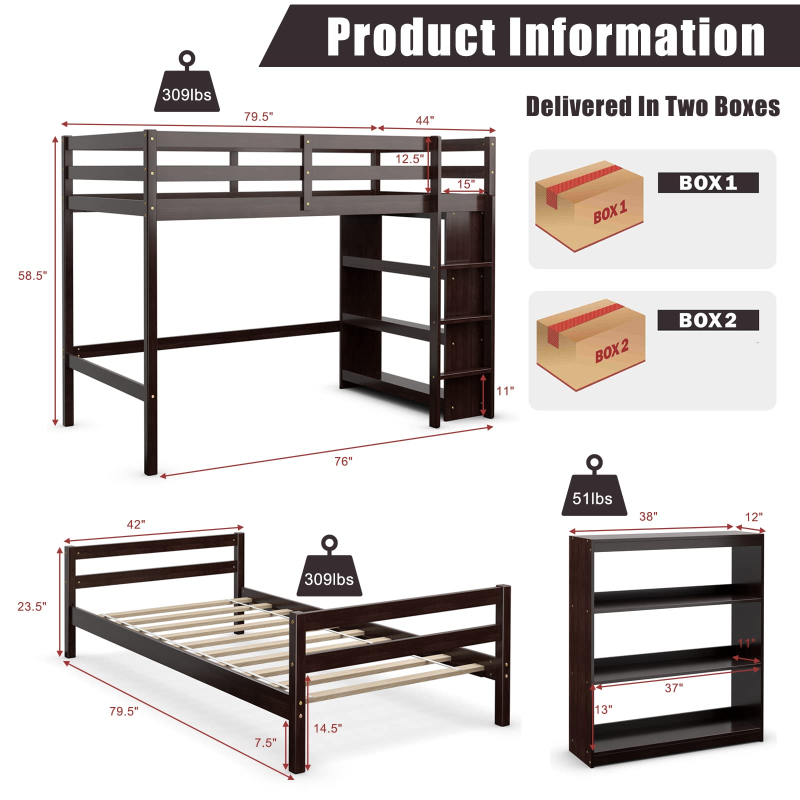 Twin Over Twin Bunk Bed, Convertible Wooden Loft Bed with 3-Tier Bookcase, Can be Separated into 2 Beds