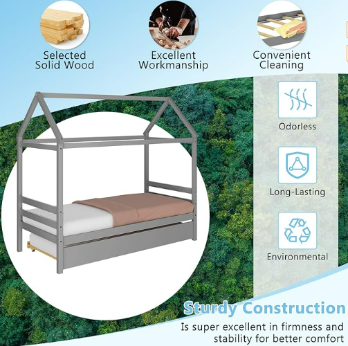 Twin Size Wood House Bed with Trundle and Roof