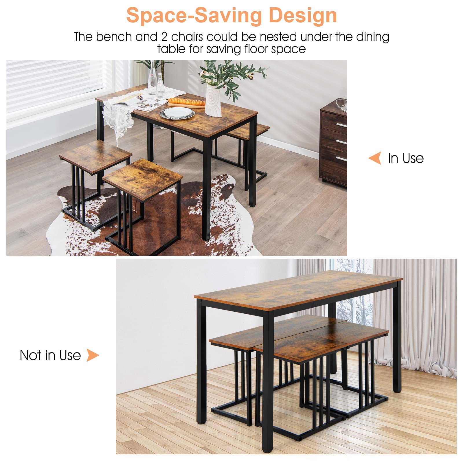 4 Piece Dining Table Set for 4 with Bench & 2 Stools, Space-Saving Desk Set