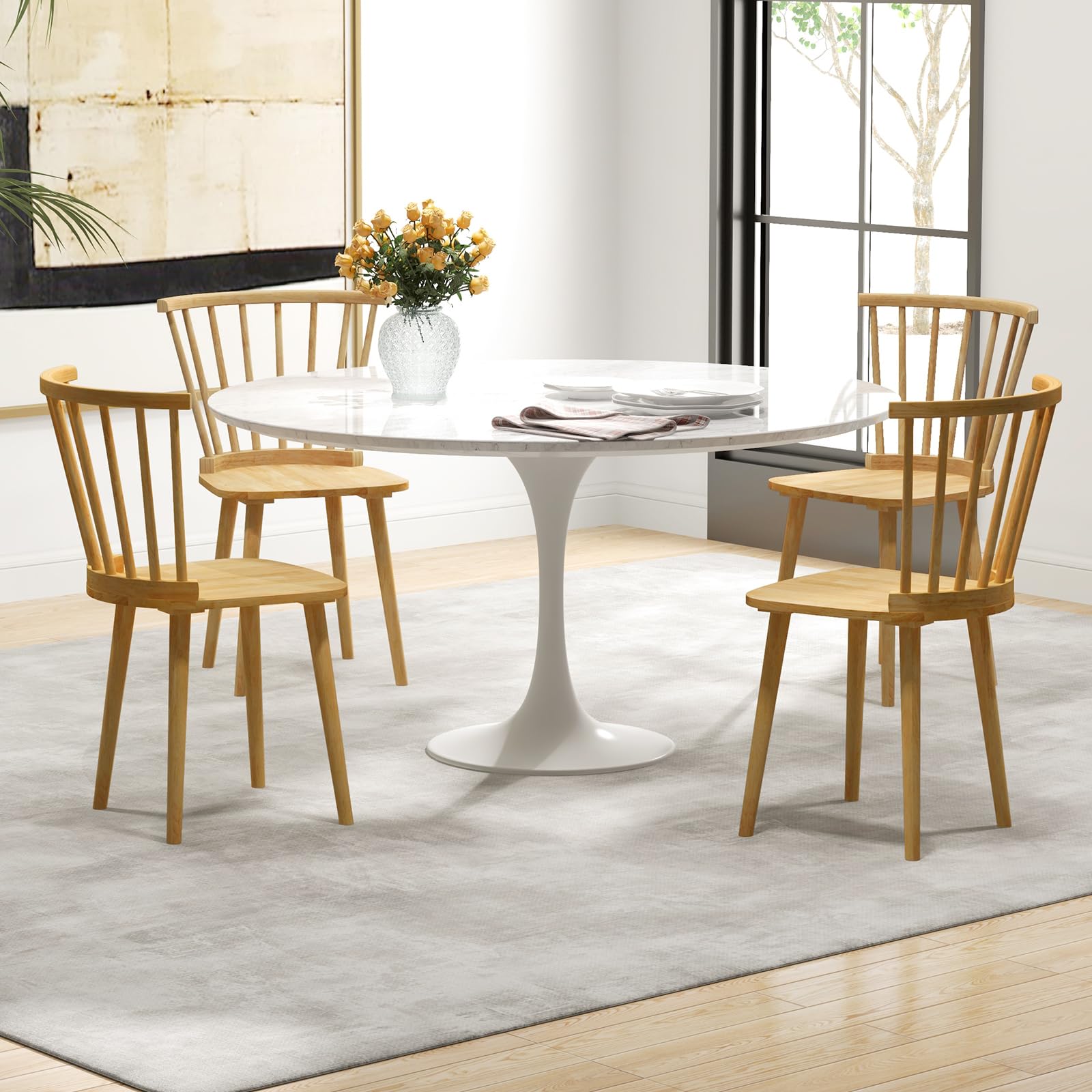 Wood Dining Chairs Set of 2/4, Windsor Dining Chairs with High Spindle Back