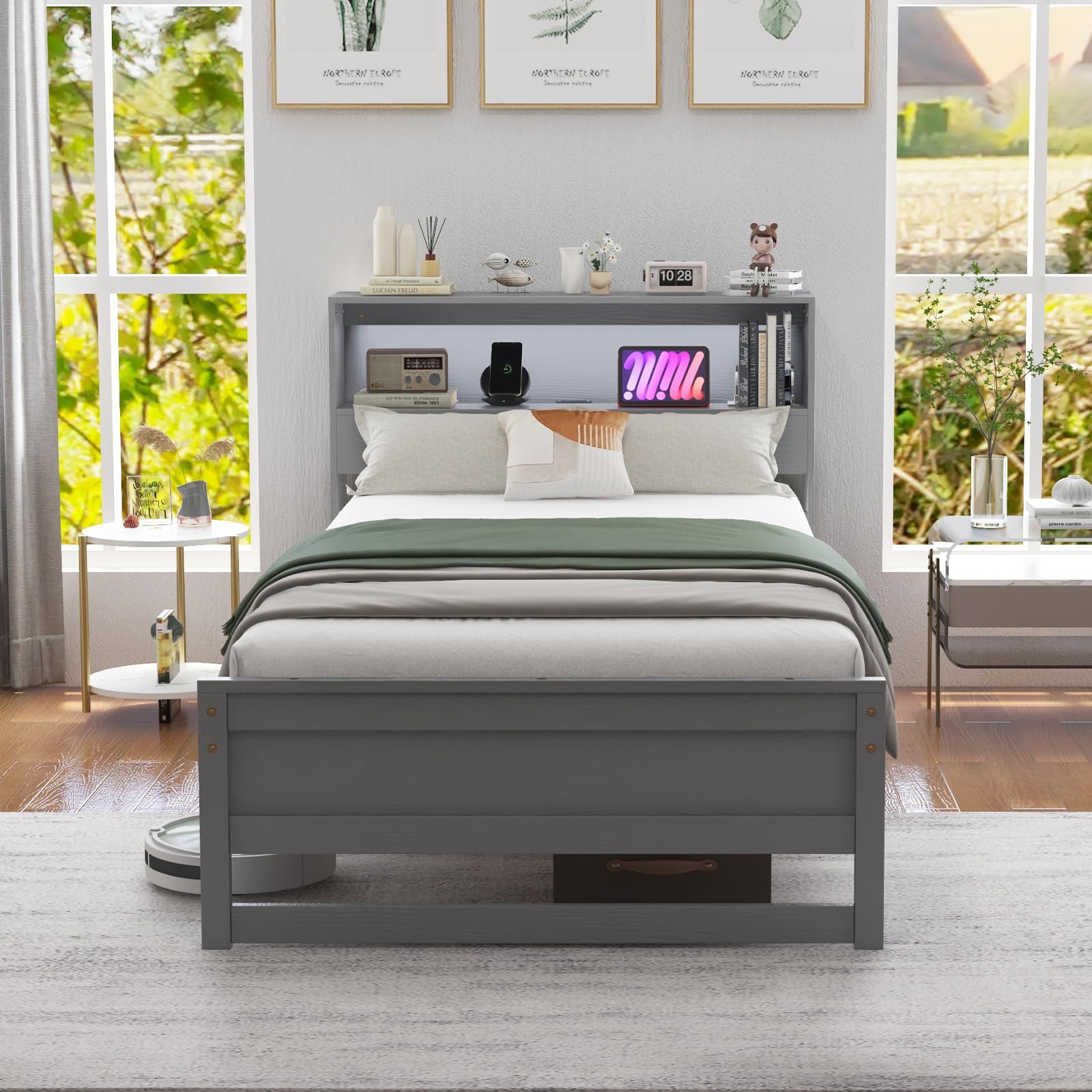 Twin Size Wood Platform Bed Frame with Charging Station & LED Light
