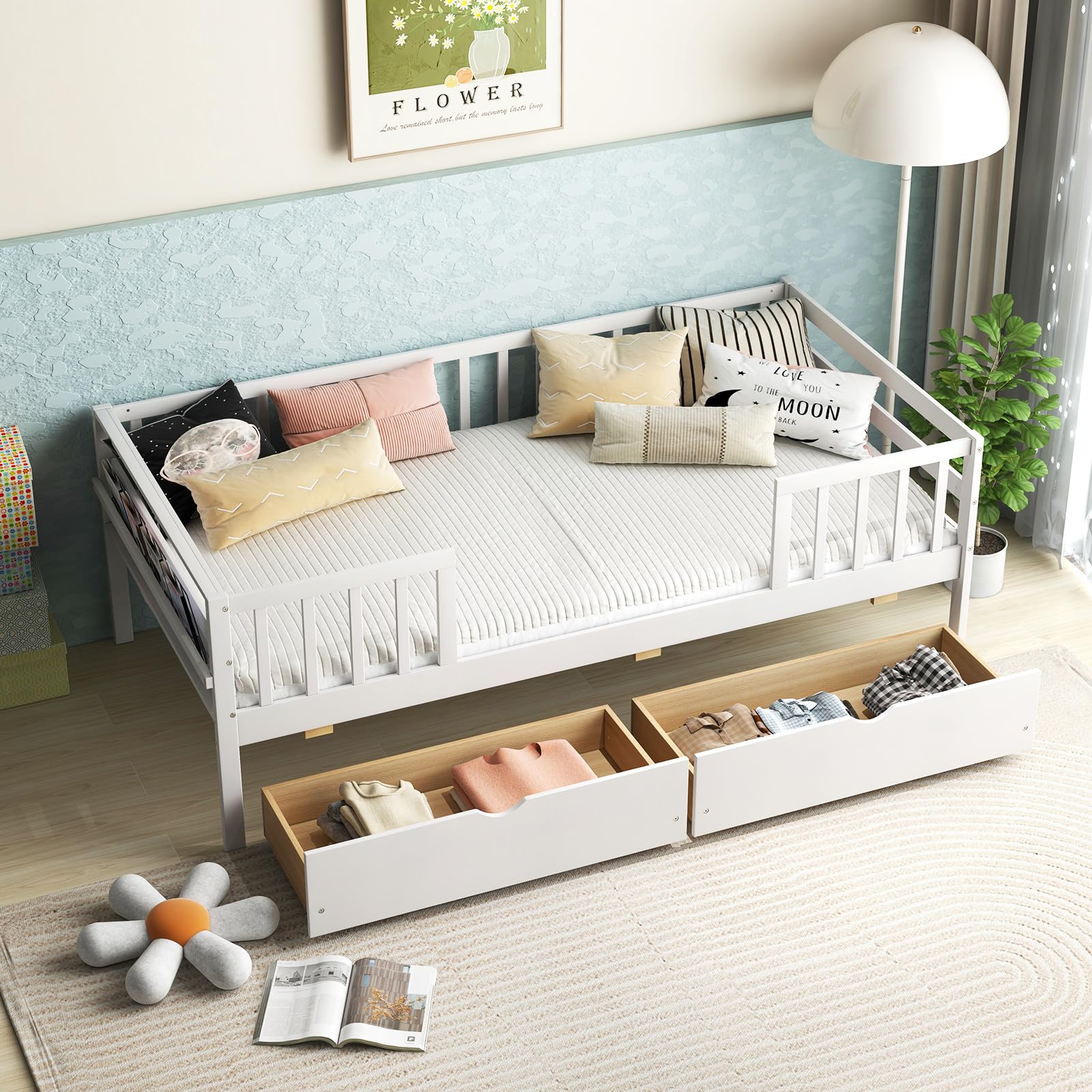 Wood Twin Bed Frame with Fence Rails & 2 Pull-Out Drawers