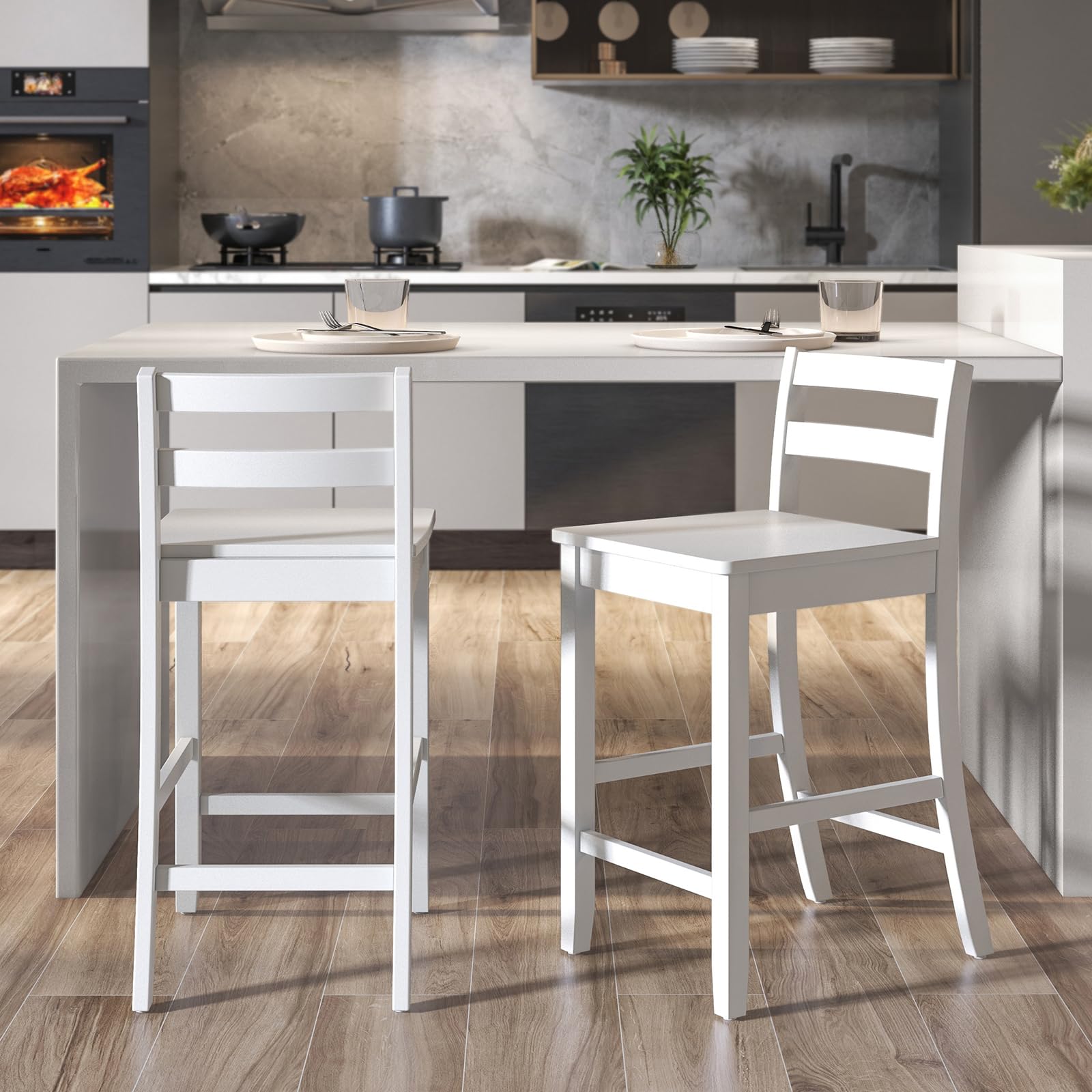 Wooden Bar Stools Set of 2/4, 24-Inch Counter Height Stools with Ergonomic Backrest & Footrest