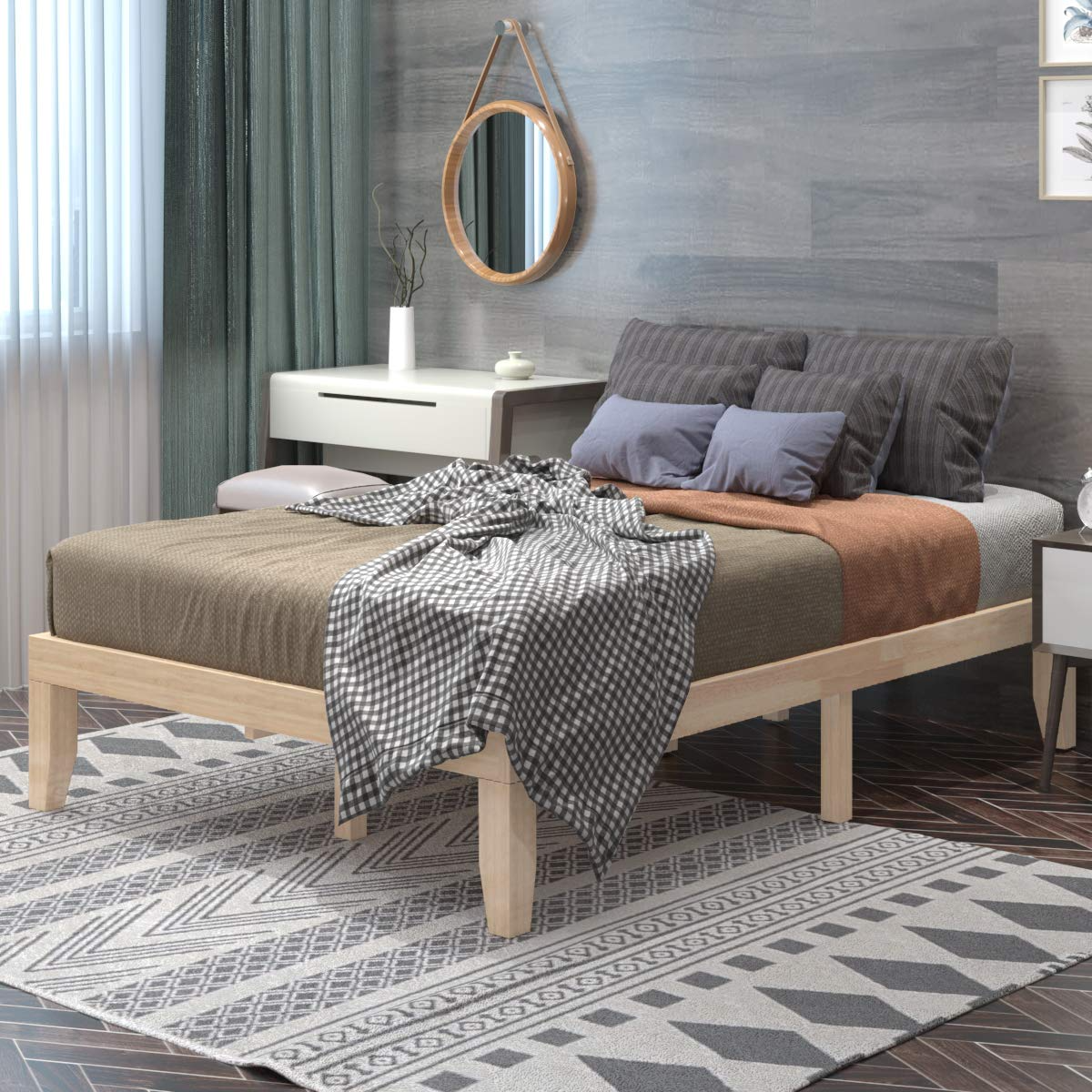14 Inches Wood Platform Bed Frame, Solid Wood Mattress Foundation with Rubber Wood Frame