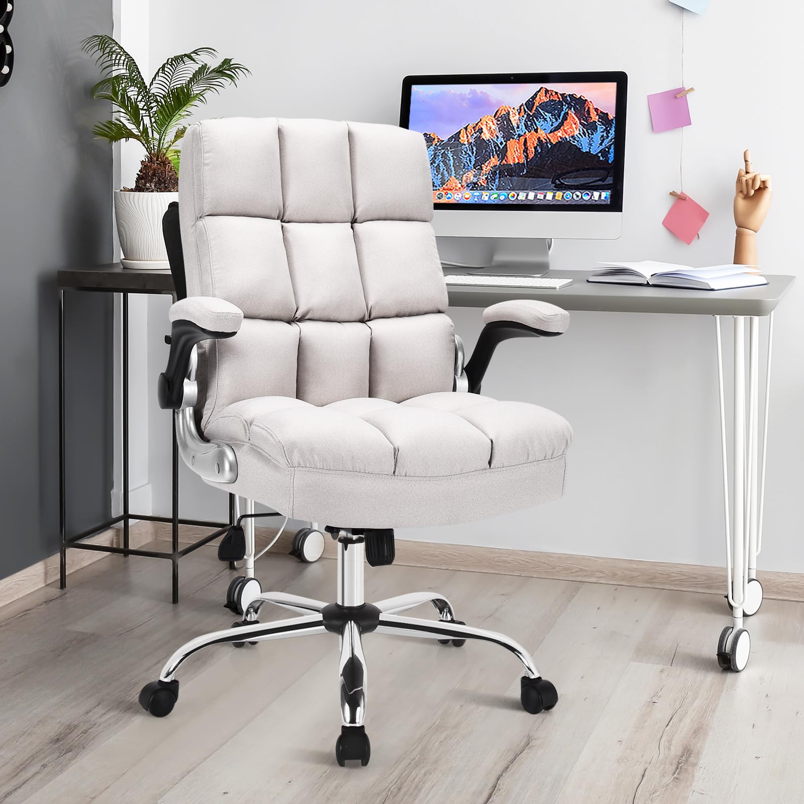 Executive Office Chair, Adjustable Tilt Angle and Flip-up Armrest Linen Fabric Upholstered Chair with Thick Padding