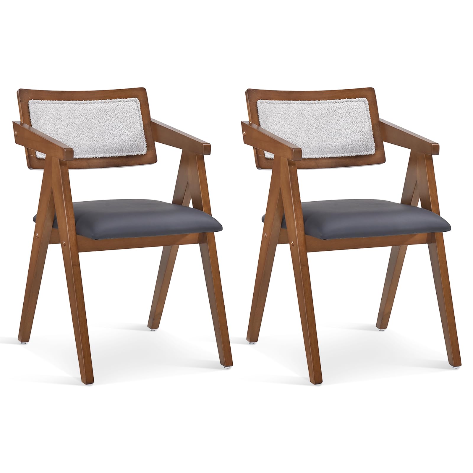 Wooden Dining Chairs Set of 2/4, Mid Century Upholstered Kitchen Chairs w/Leathaire Seat Cushions & Sherpa Backrests
