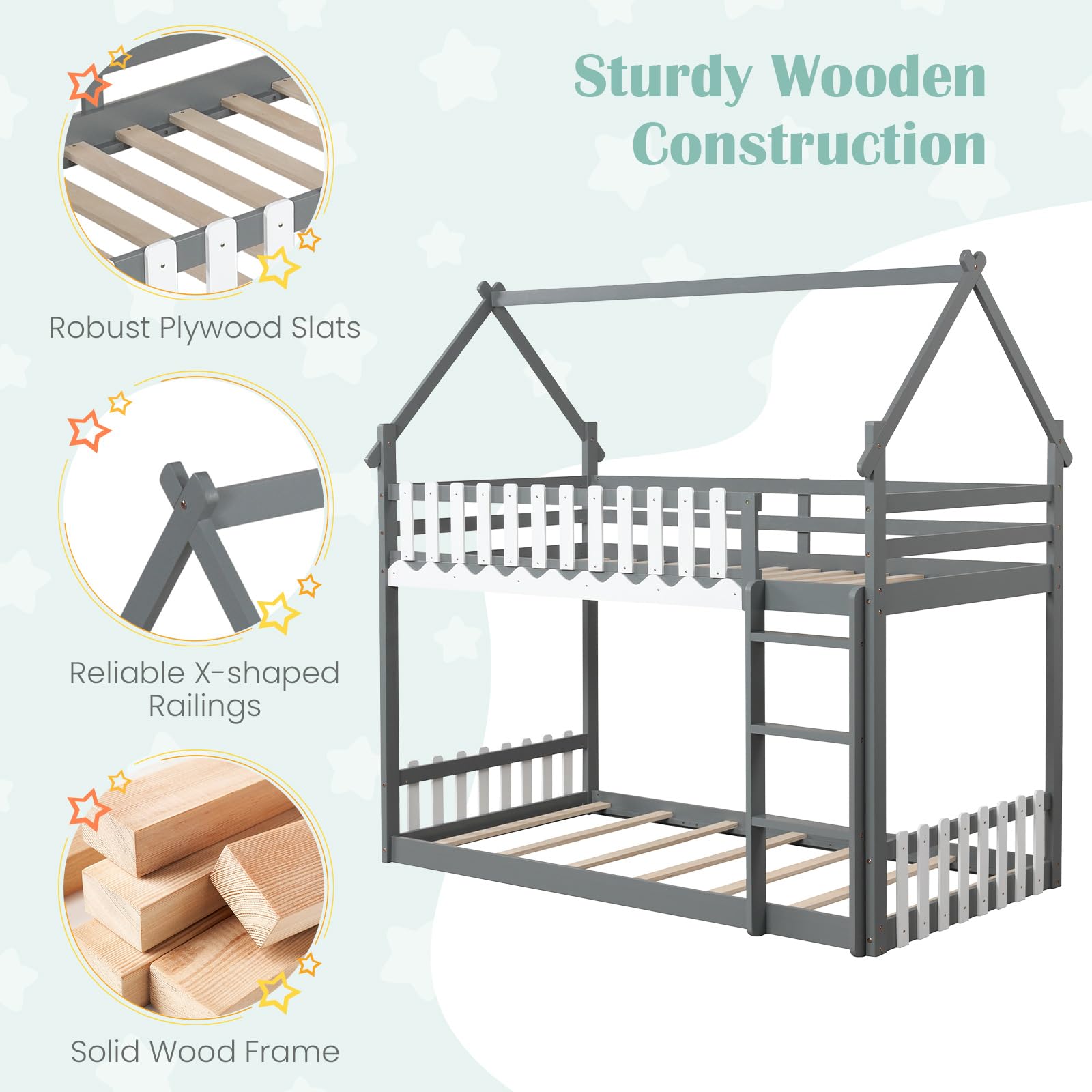 Wood Twin Over Twin House Bunk Bed, Solid Wood Low Bunk Bed with Ladder, Safety Guardrails & Fences