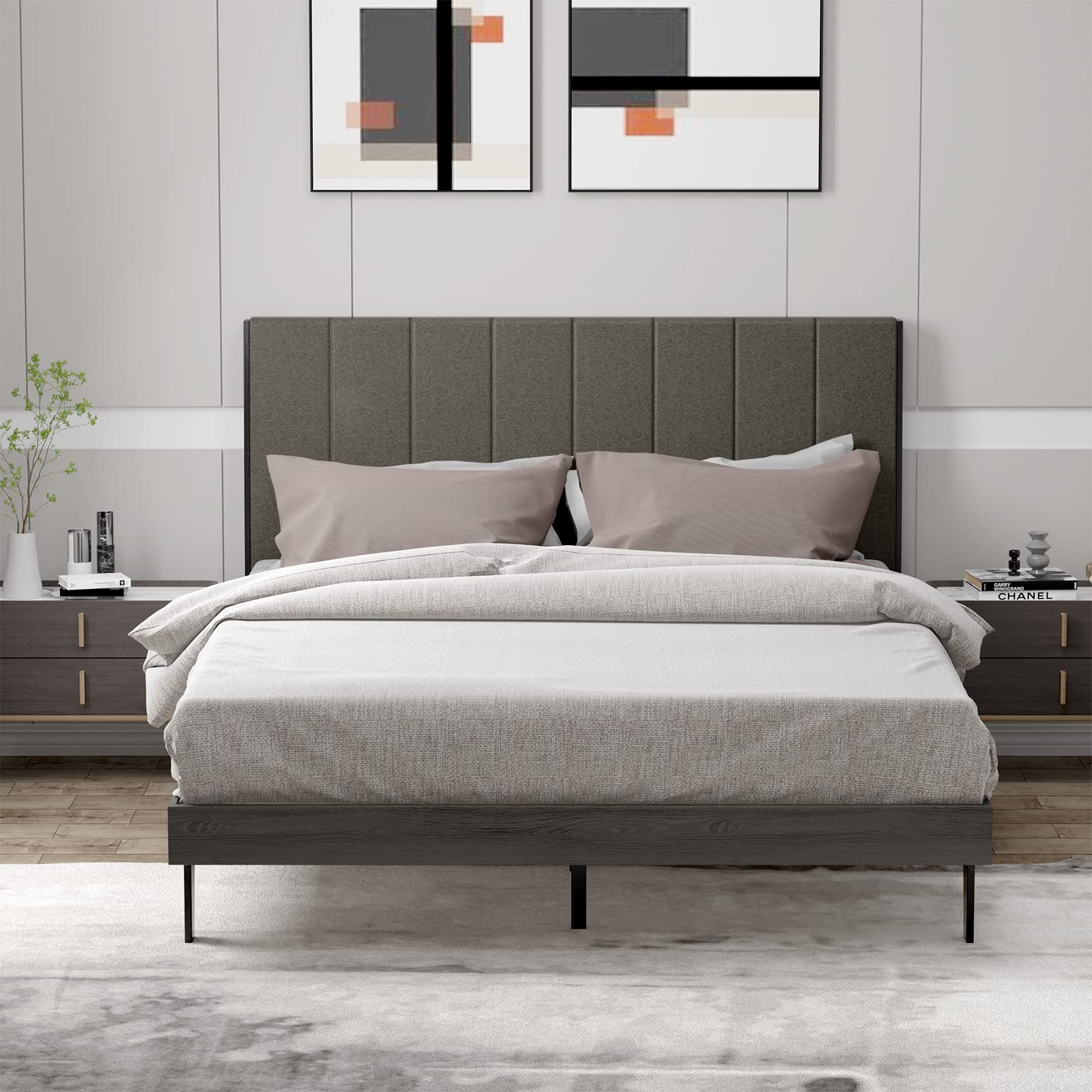 Upholstered Bed Frame, Wooden Slats Support, Queen Mattress Foundation with Tufted Headboard