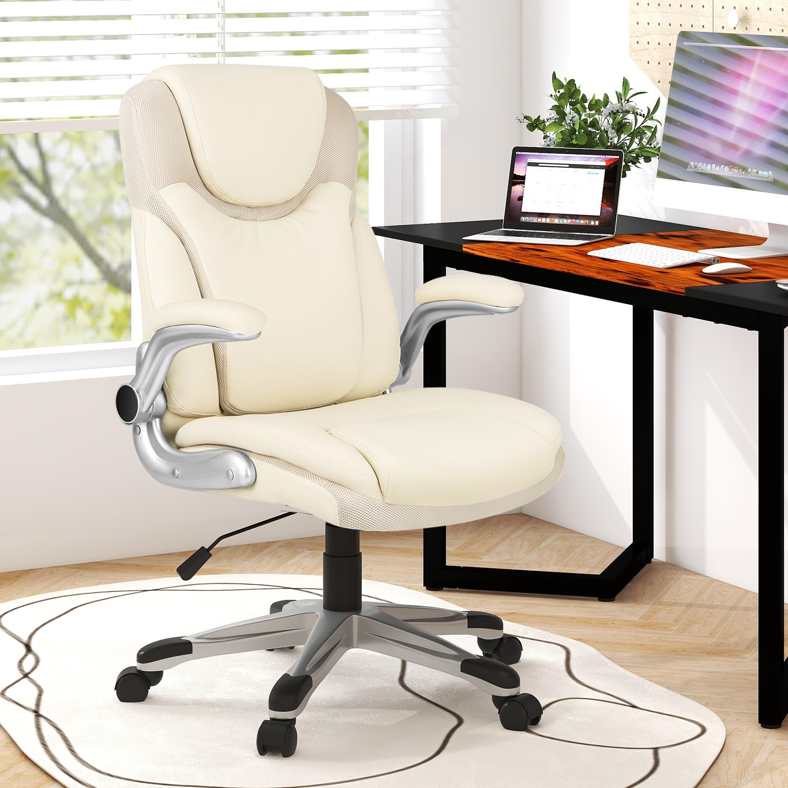 Executive Office Chair, PU Leather Ergonomic Desk Chair with Flip-up Armrests and Height Adjustable