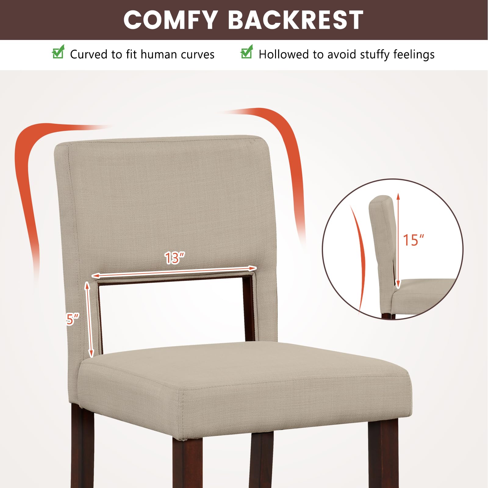24.5" Counter Height Bar Stools Set of 2, Linen Barstools with Back, Rubber Wood Legs