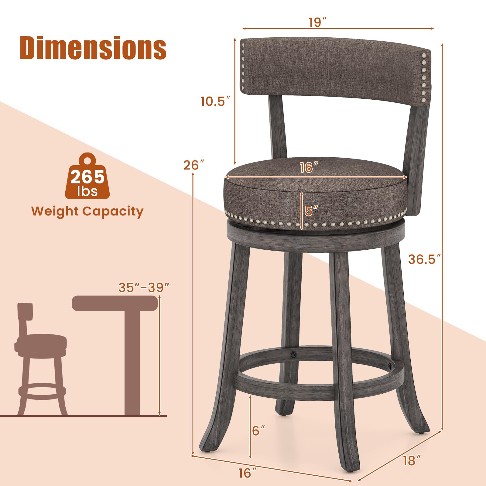 Swivel Counter Height Bar Stools Set of 2/4 with Footrest, Rubber Wood Frame