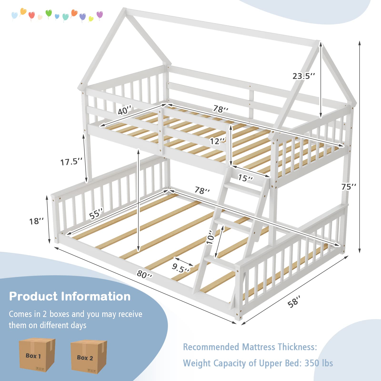 Twin Over Full Wood House Bunk Bed with Integrated Ladder & Safety Guardrails, Convertible to 2 Beds