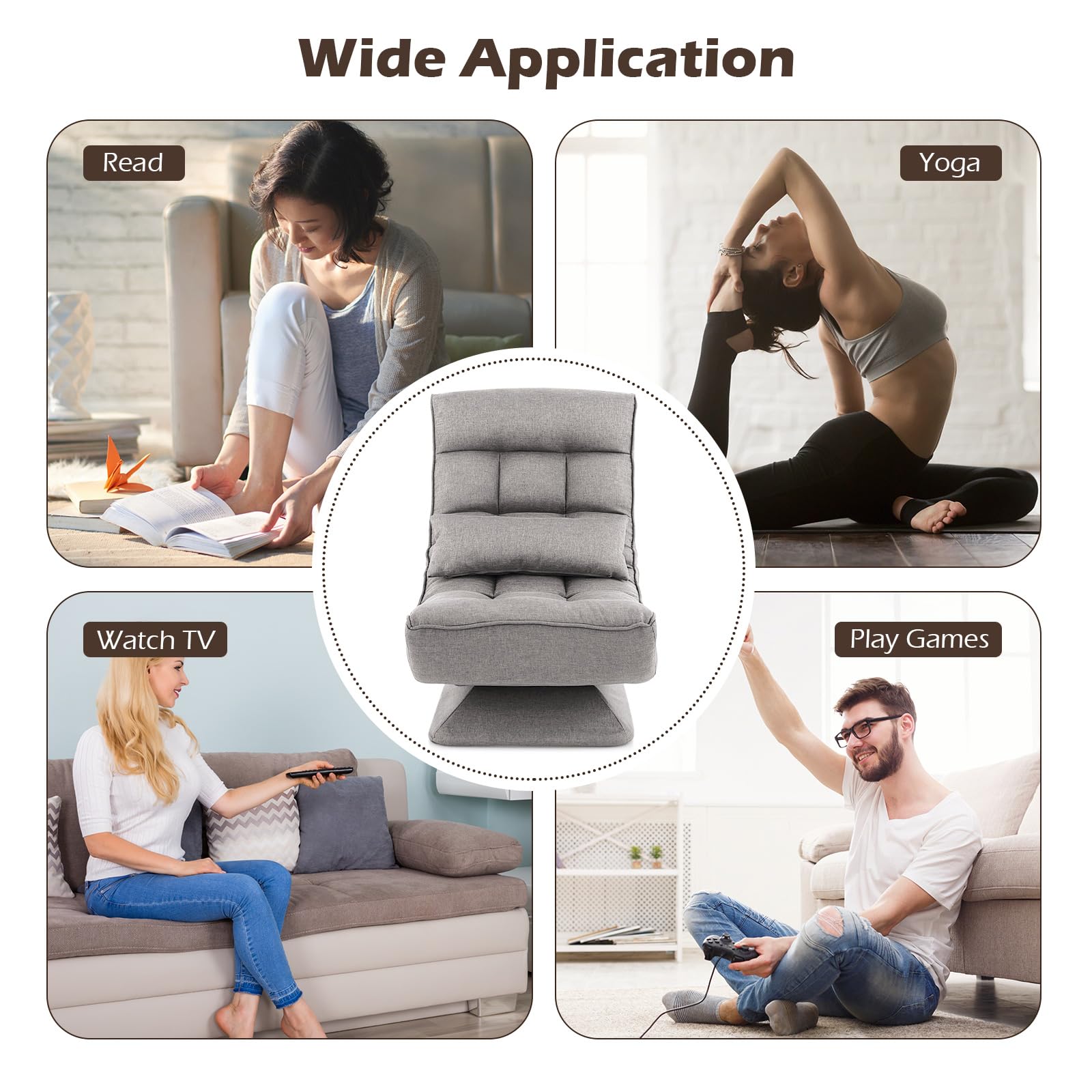 Adjustable Swivel Floor Chair, 5 Position Video Game Chair with Massage Lumbar Pillow, Swivel Base, Steel Frame