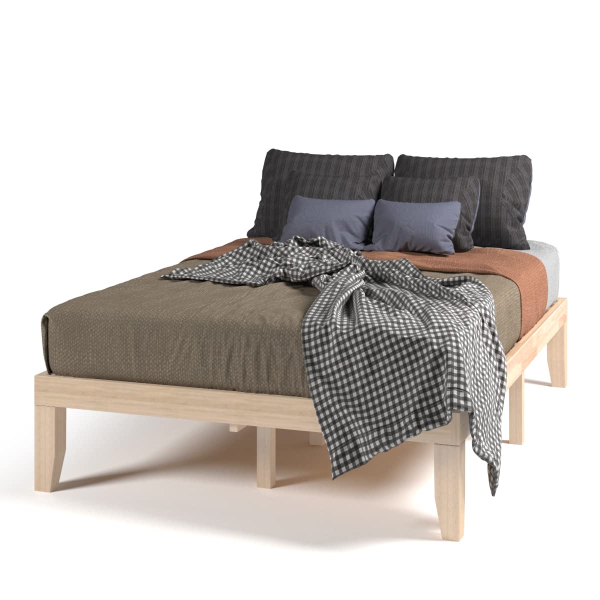 14 Inches Wood Platform Bed Frame, Solid Wood Mattress Foundation with Rubber Wood Frame