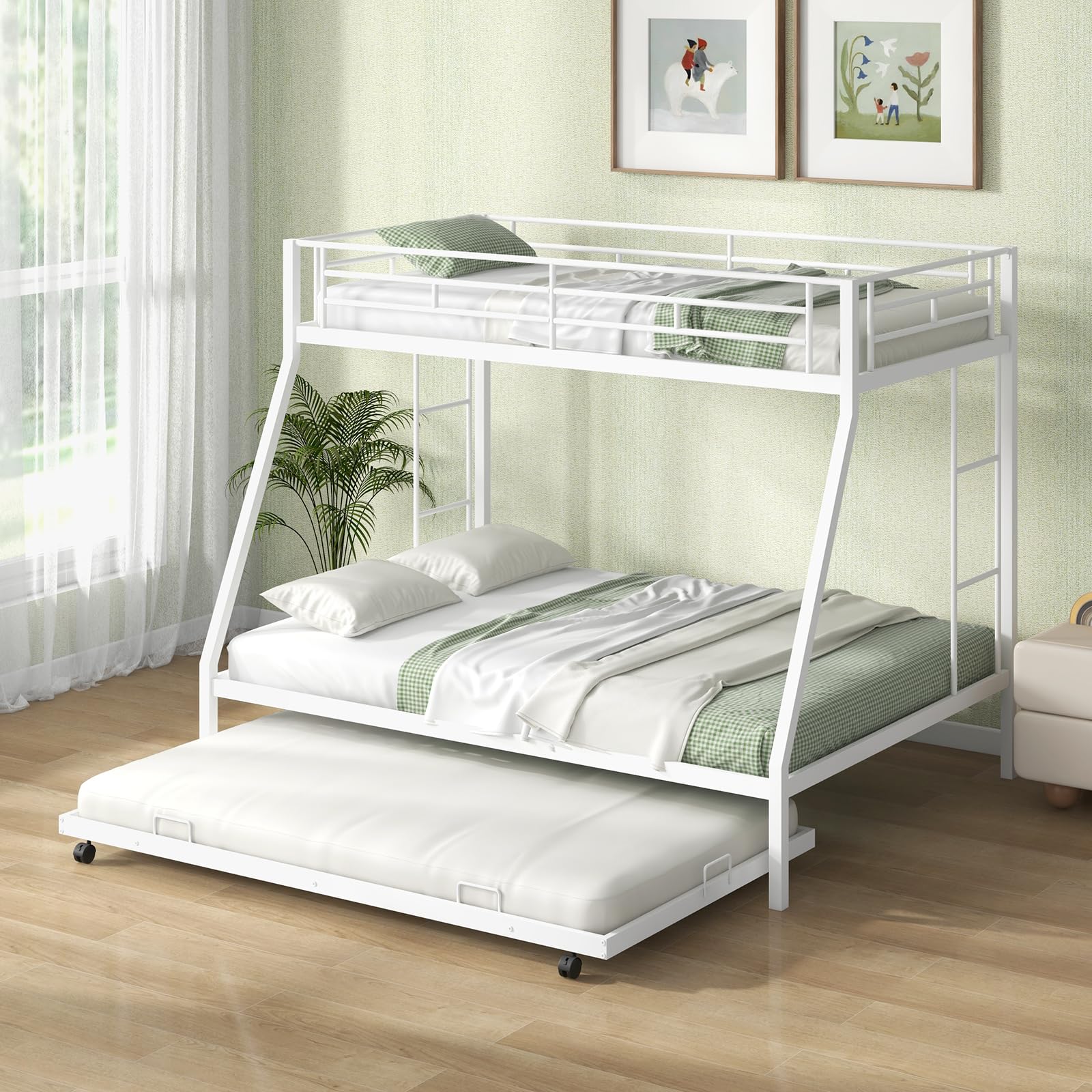 Twin Over Full Heavy-Duty Metal Bunk Bed with Trundle, Guardrail & 2 Ladders