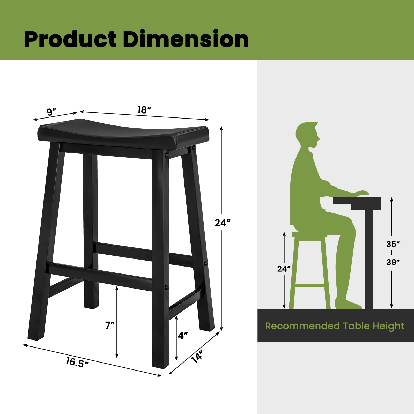 Saddle Stools Set of 2/4, 24-inch Counter Height Barstools with Solid Wood Legs & Footrests
