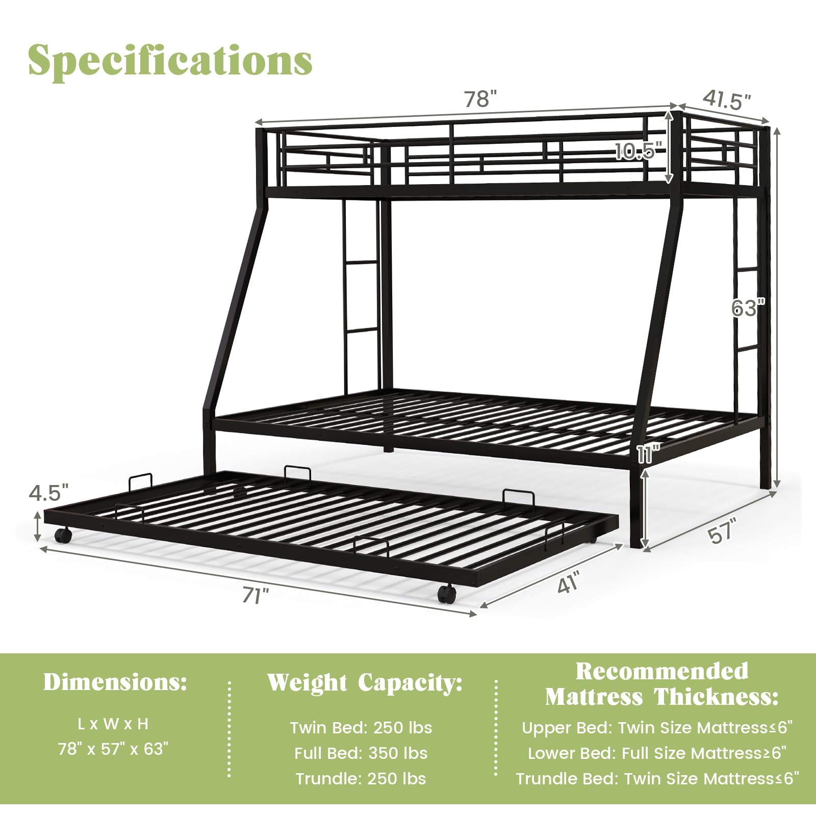 Twin Over Full Heavy-Duty Metal Bunk Bed with Trundle, Guardrail & 2 Ladders