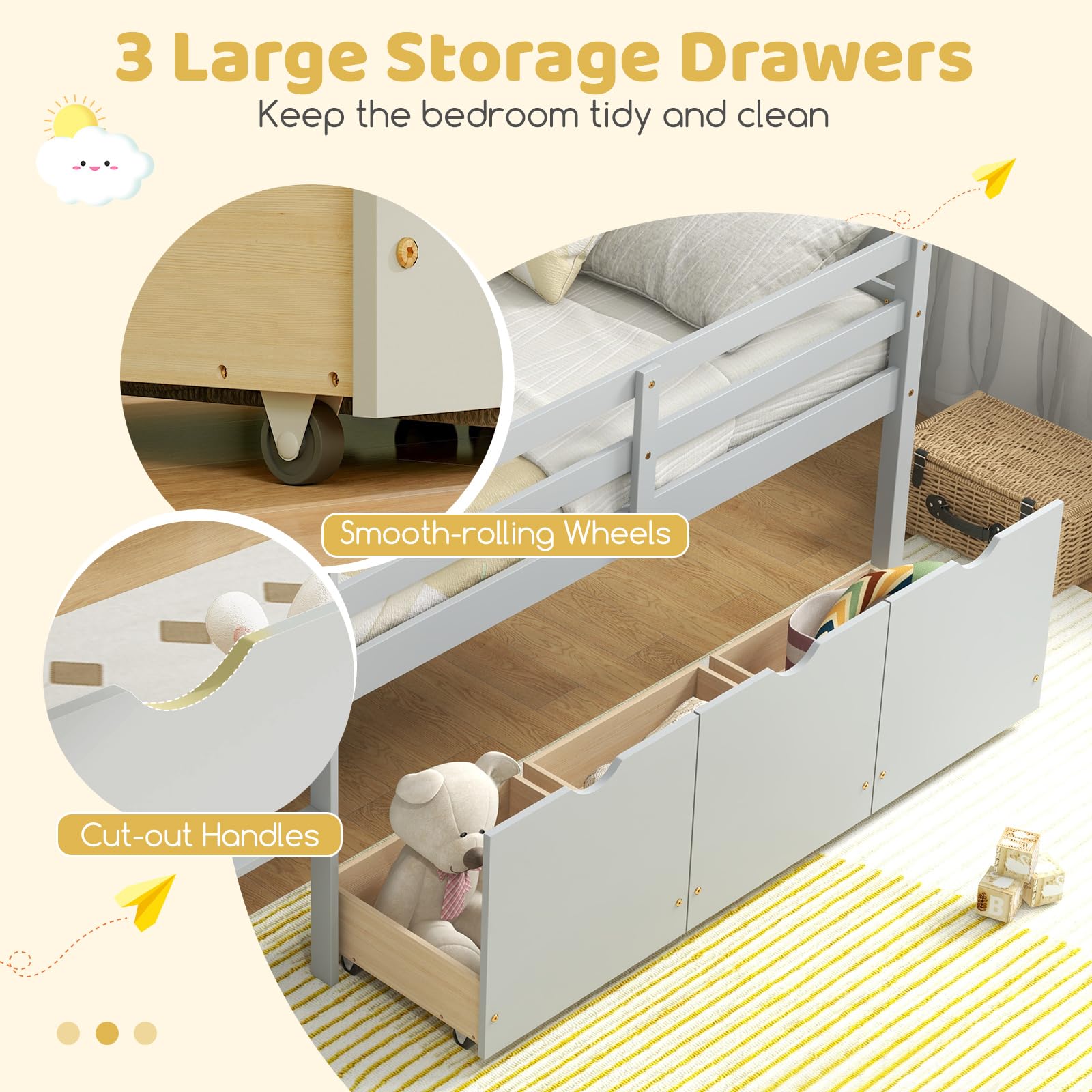 Twin Low Loft Bed with 3 Storage Drawers