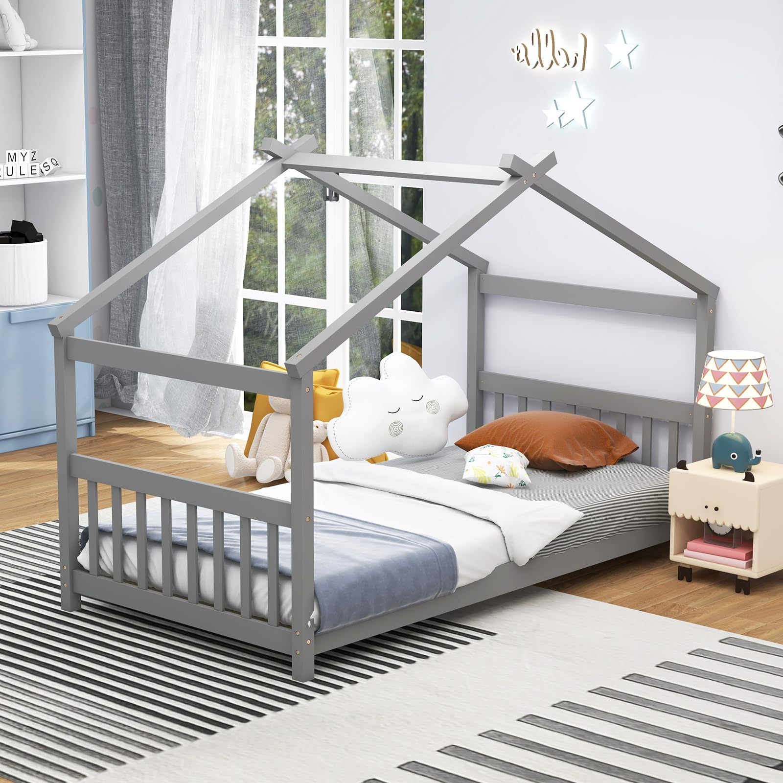 Twin Wood Kids House Bed with Roof, Headboard and Footboard