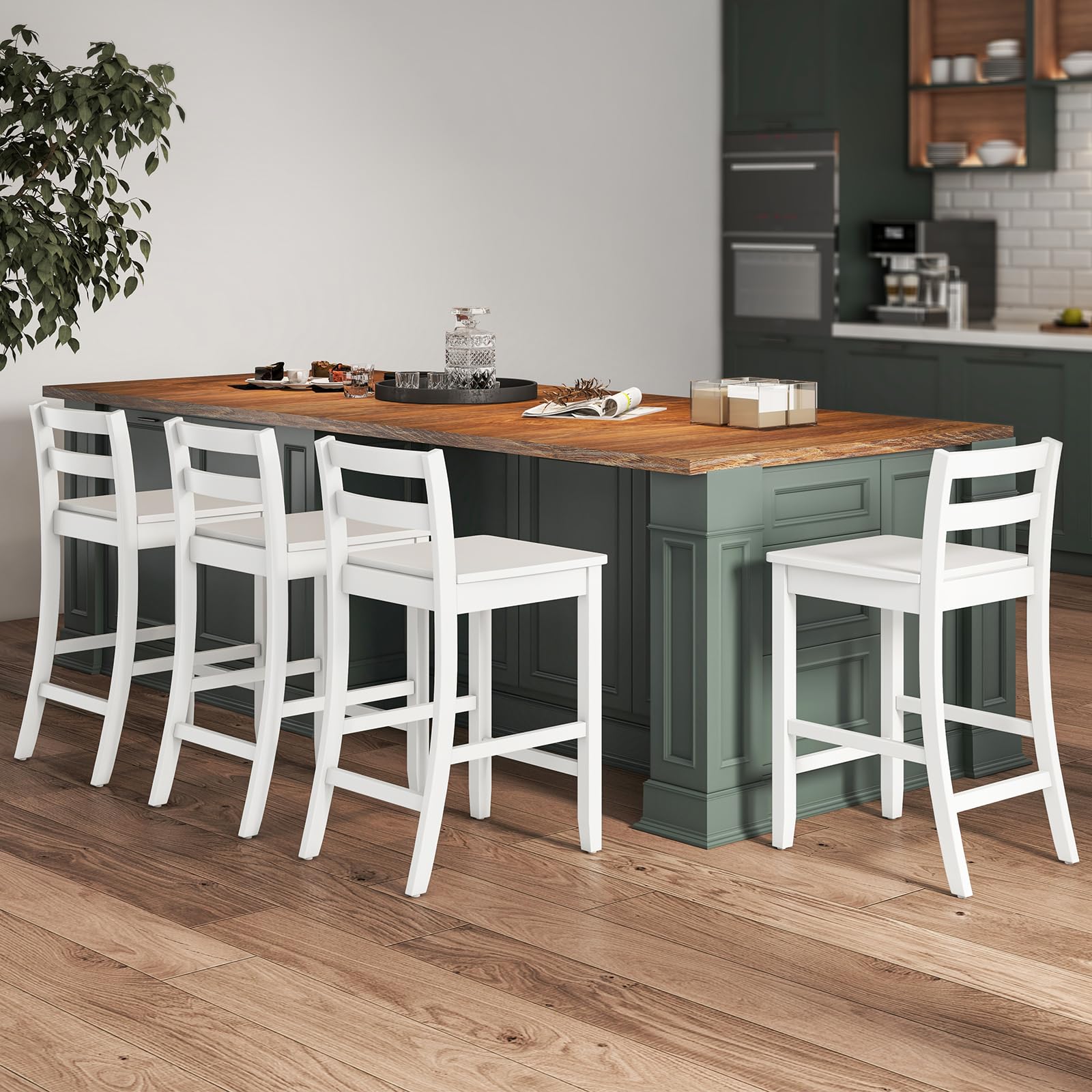 Wooden Bar Stools Set of 2/4, 24-Inch Counter Height Stools with Ergonomic Backrest & Footrest