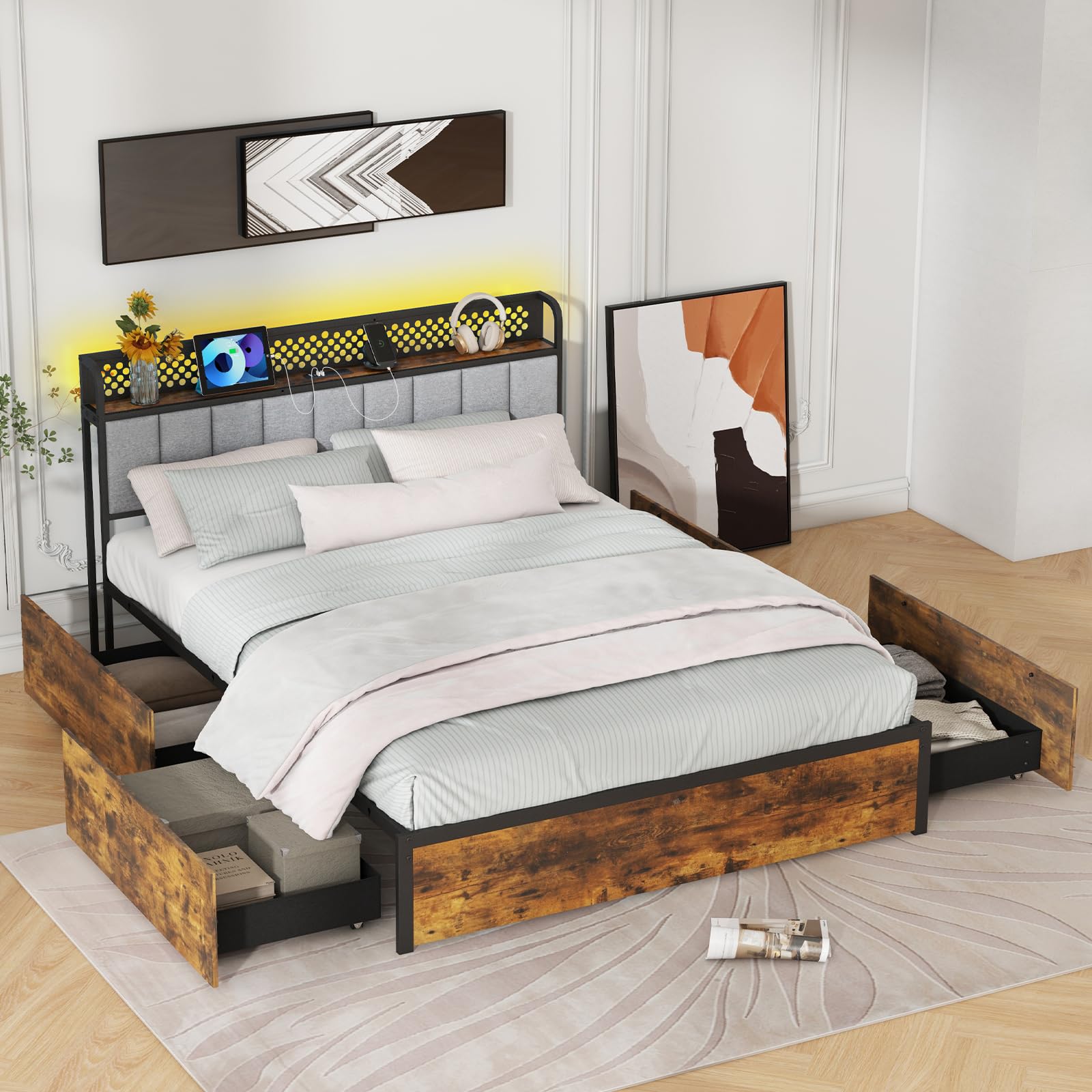 Industrial LED Bed Frame with 4 Storage Drawers & Charging Station