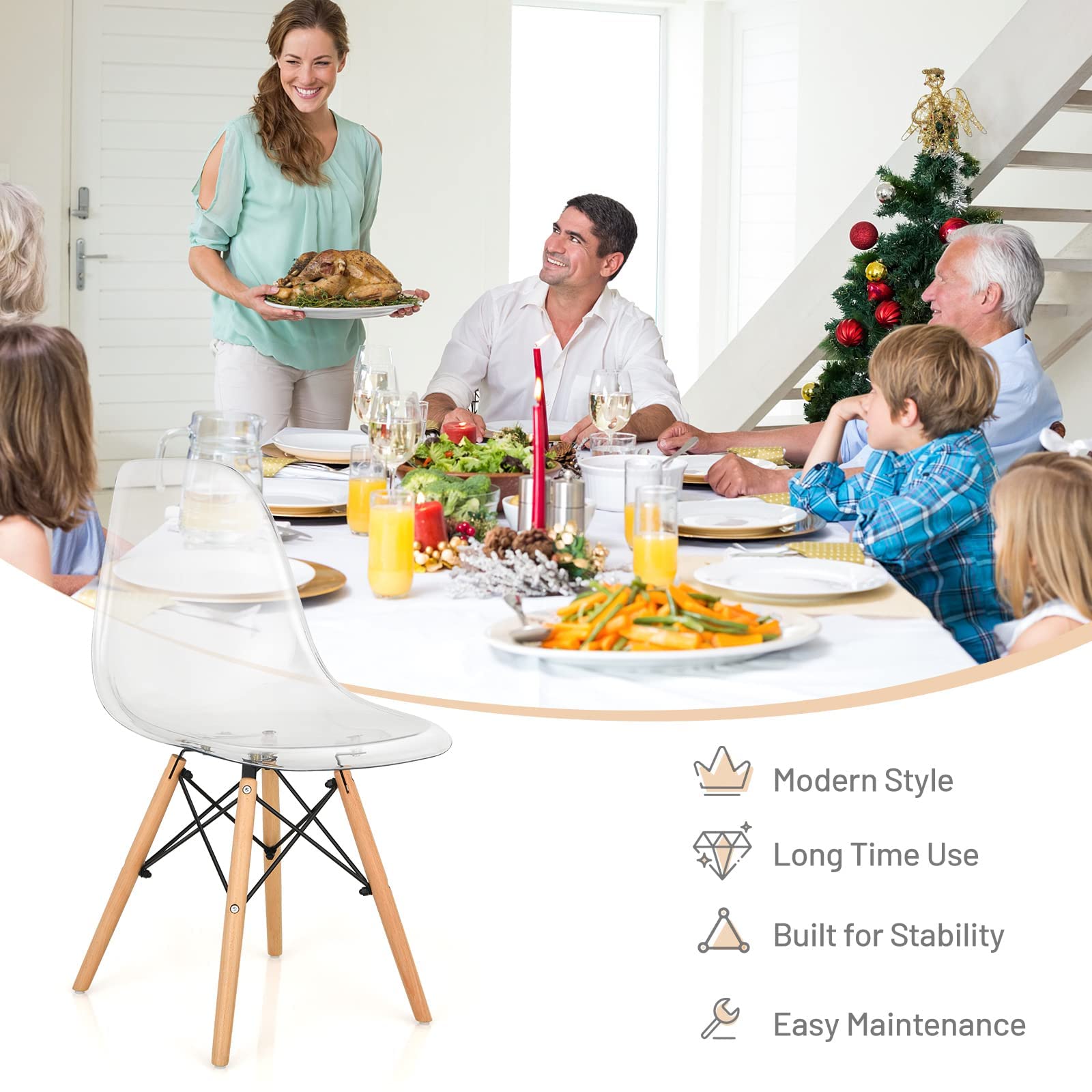 Clear Acrylic Dining Chairs Set of 4 with Beech Wood Legs