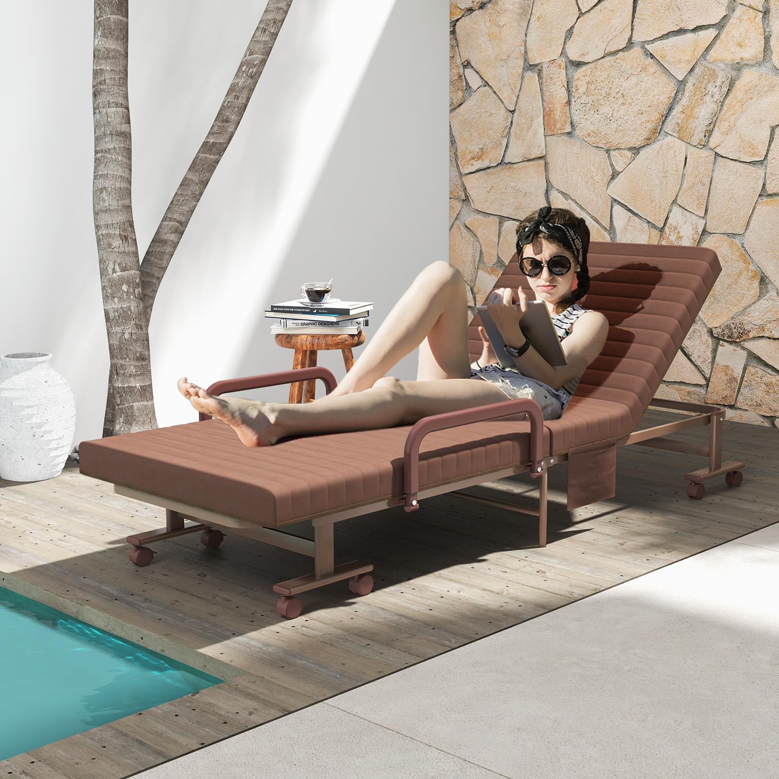 Folding Bed With Mattress, Portable Guest Bed With Adjustable 6 Position & Side Storage Pocket