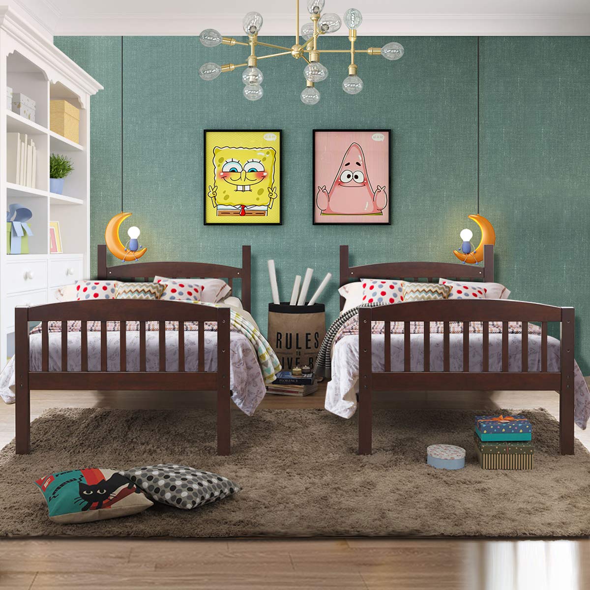 Twin Over Twin Bunk Beds, Convertible Into Two Individual Solid Rubberwood Beds