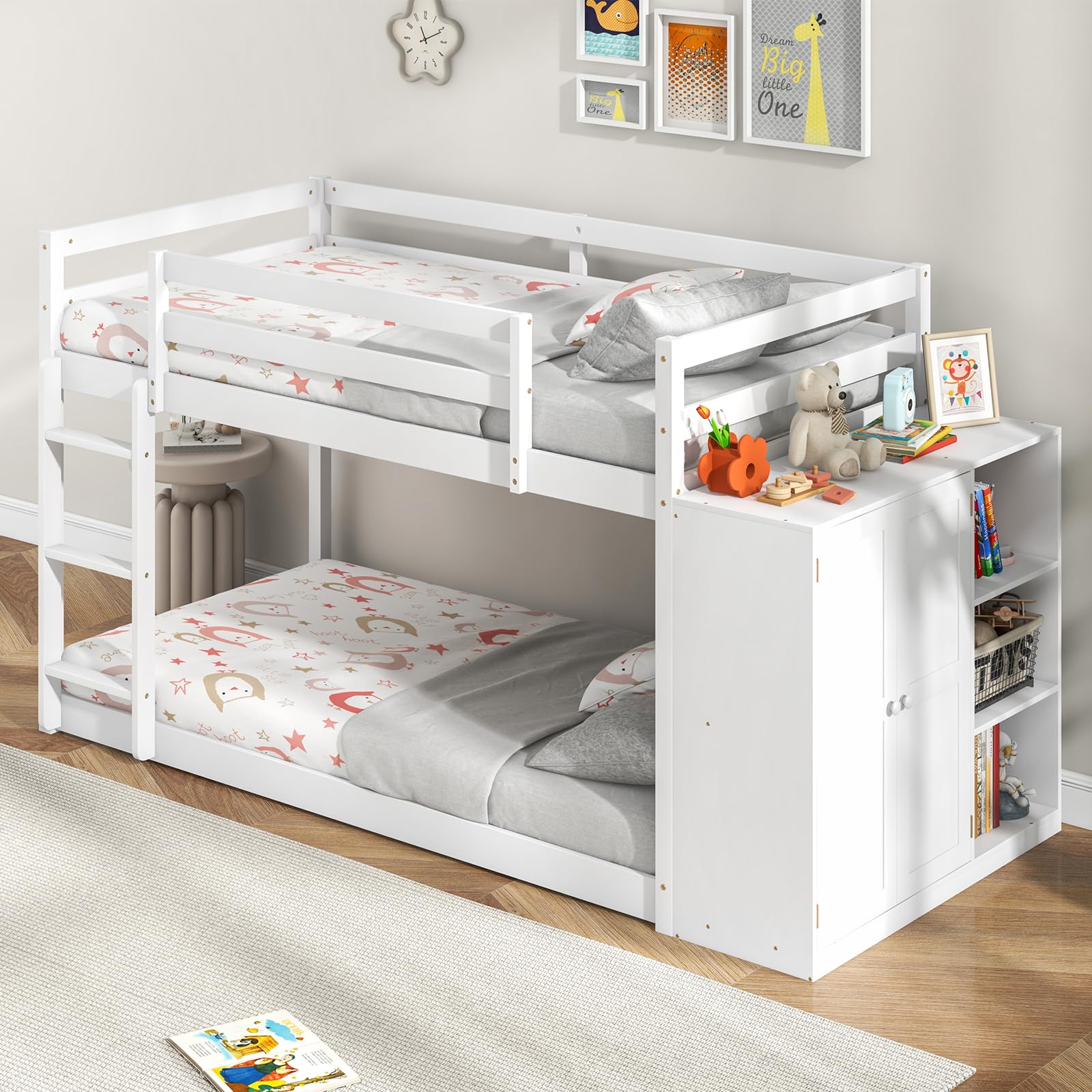 Twin Over Twin Bunk Bed with Storage Cabinet & Shelves, Convertible Bookcase