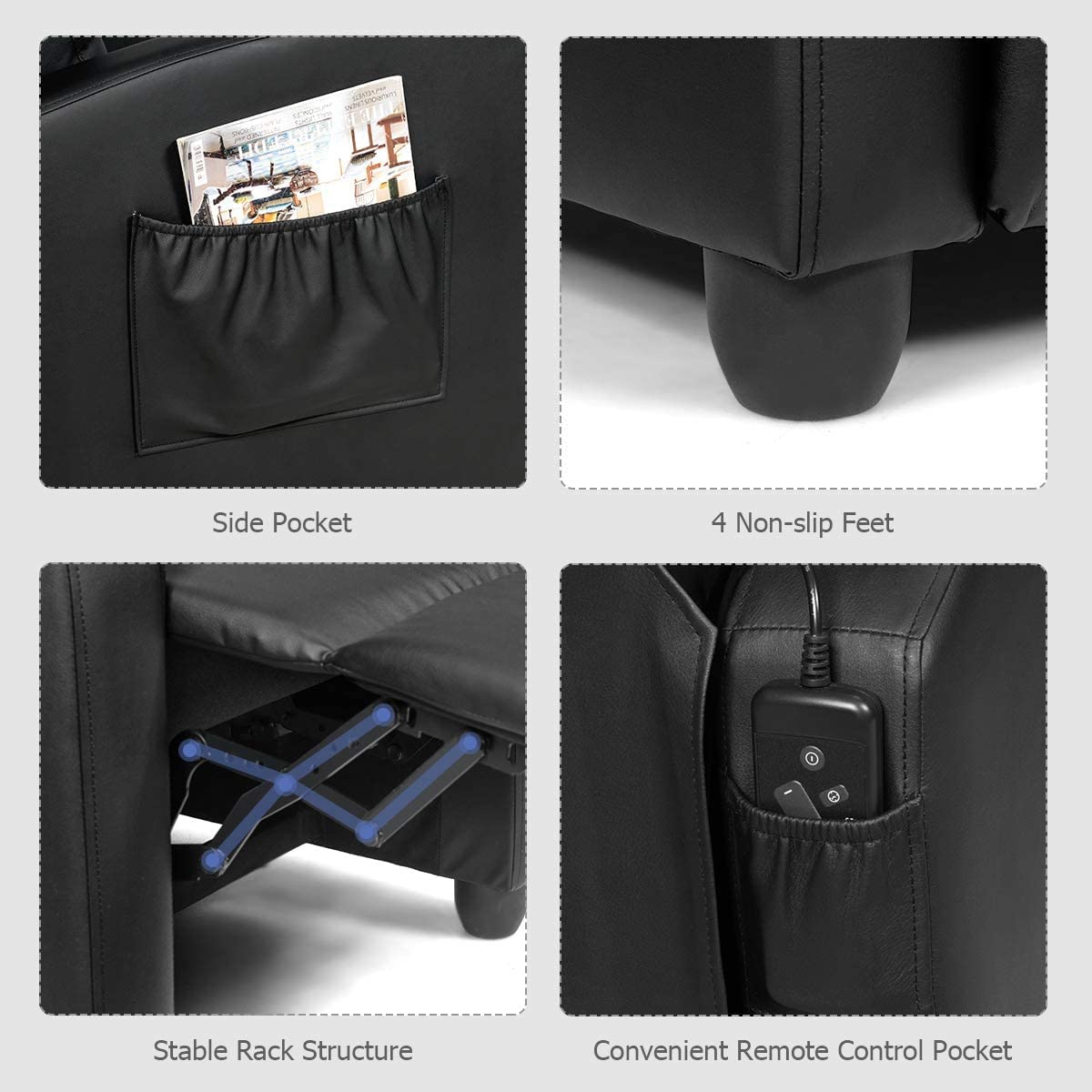 Recliner Chair with Adjustable Backrest & Footrest, Living Room Ergonomic Single Sofa with Remote and Side Pocket