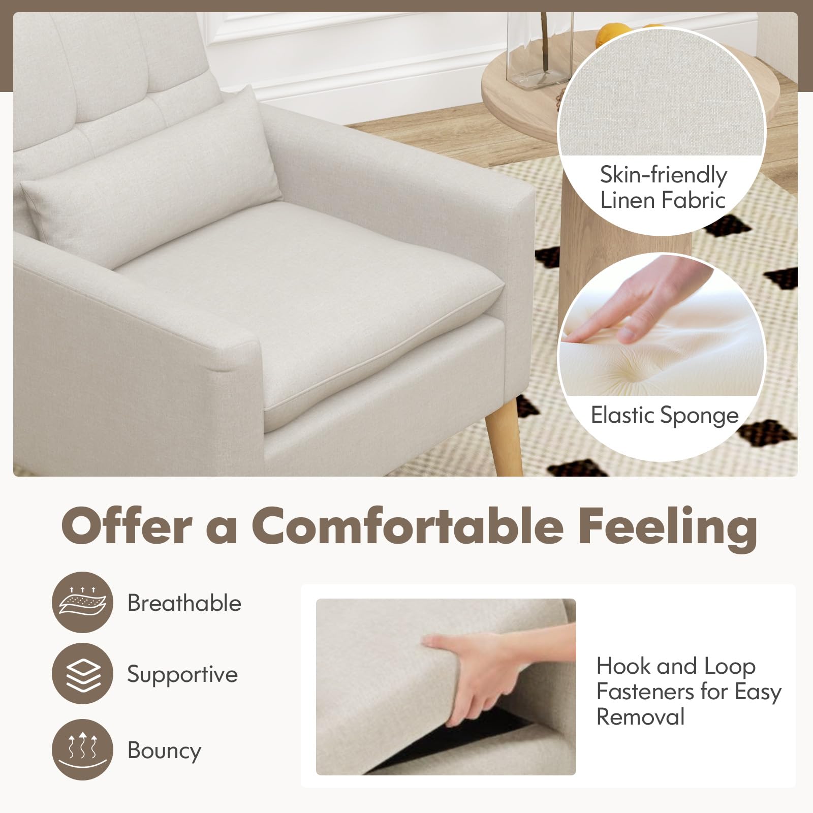 Modern Linen Accent Chair, Upholstered Tufted Armchair with Lumbar Pillow, Rubber Wood Legs, Padded Cushion