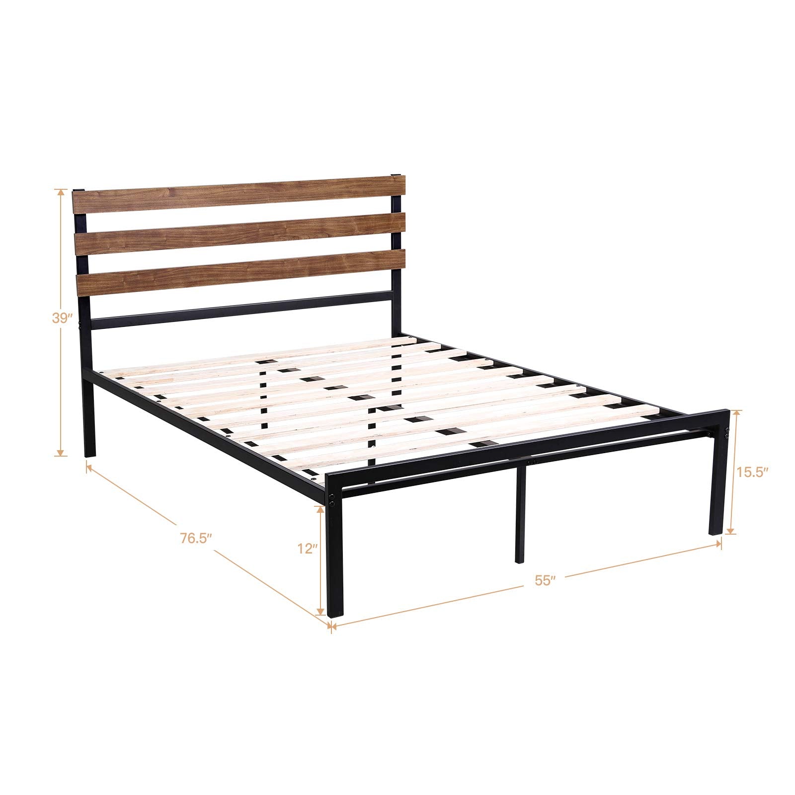 Metal Bed Frame with Wood Headboard and Slats