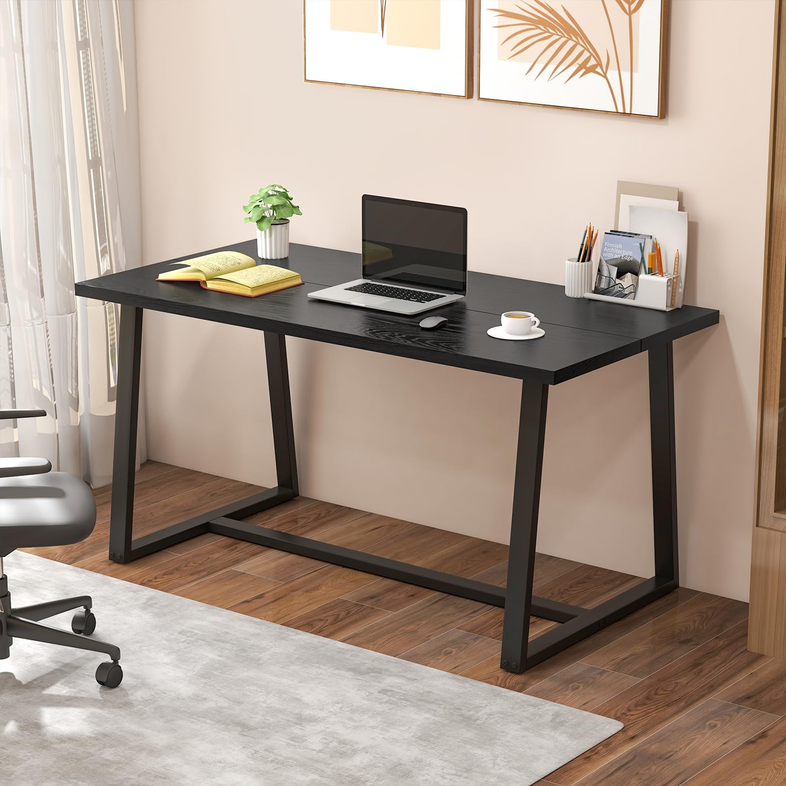 63" Rectangular Large Dining Table for 4-6, Mid-Century Kitchen Table w/Heavy-Duty Metal Frame