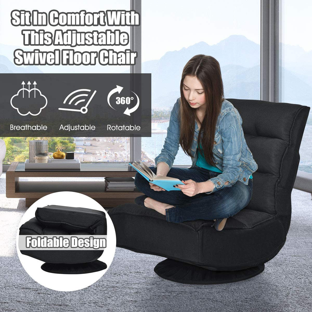 360 Degree Swivel Gaming Chair, 6 Position Adjustable Folding Floor Chair