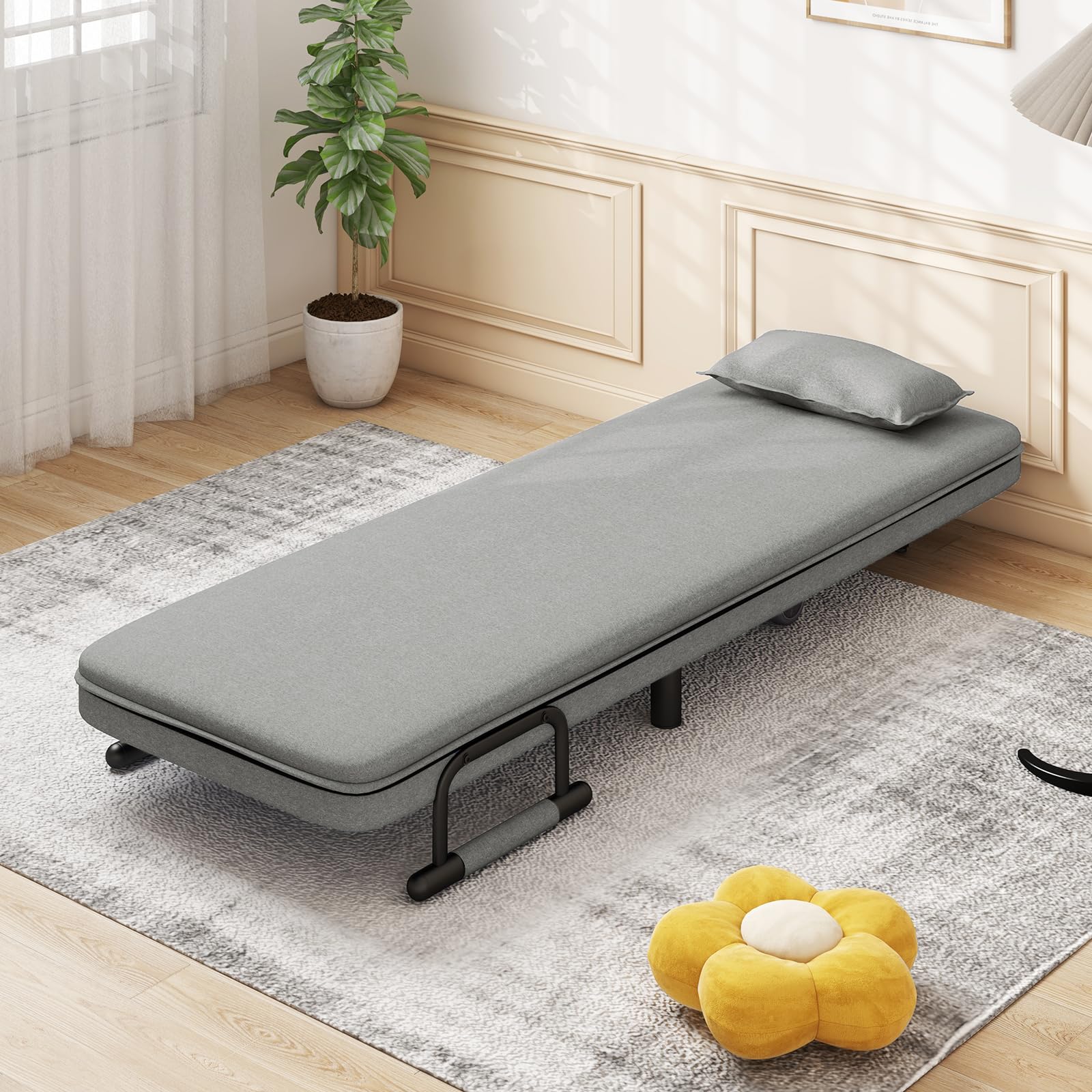 Convertible Chair Bed with 5-Position Adjustable Backrest & Lumbar Pillow, 2 Hidden Metal Legs & 2 Lockable Casters