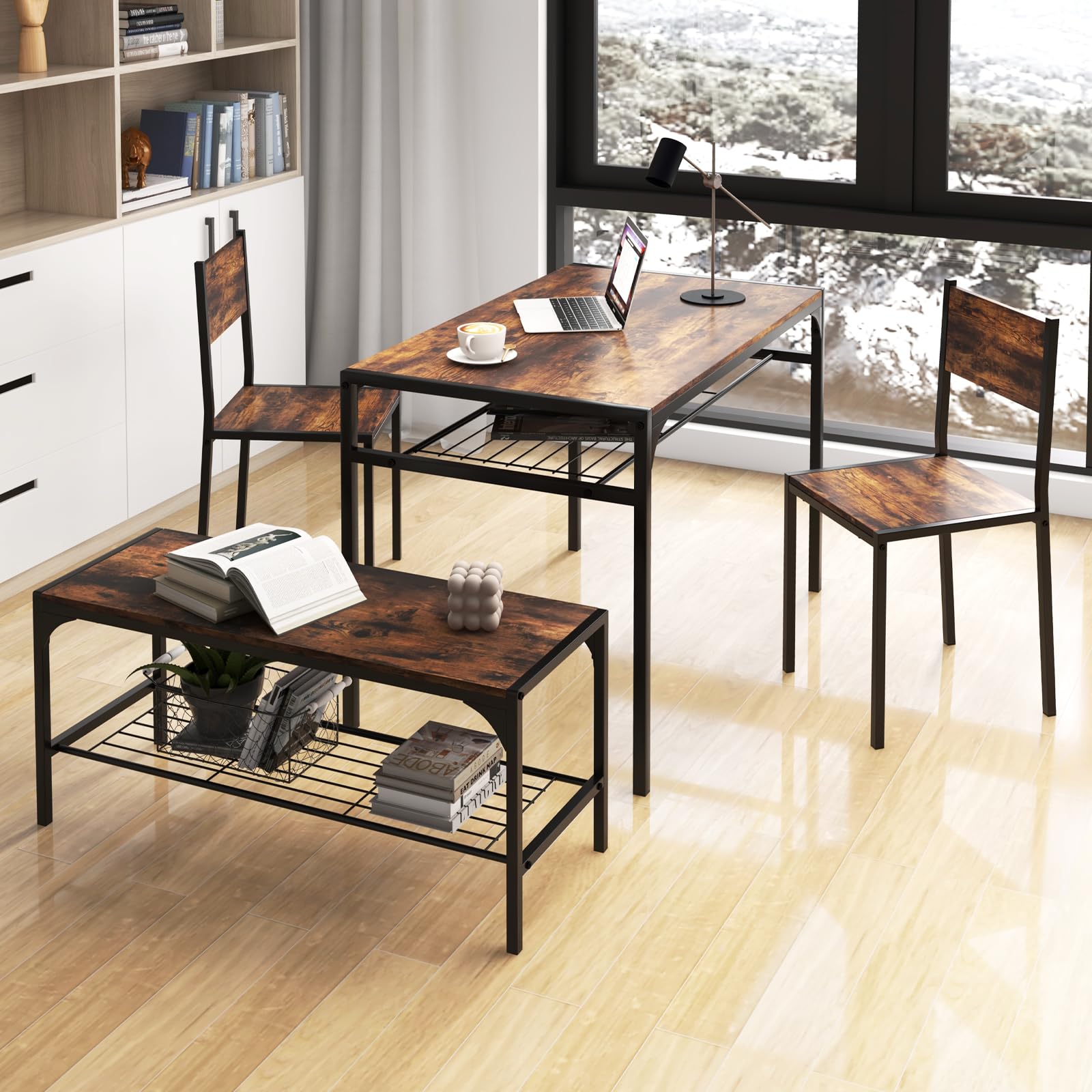 4 Pieces Dining Table Set, Kitchen Table and 2 Chairs for 4 with Bench, Storage Racks