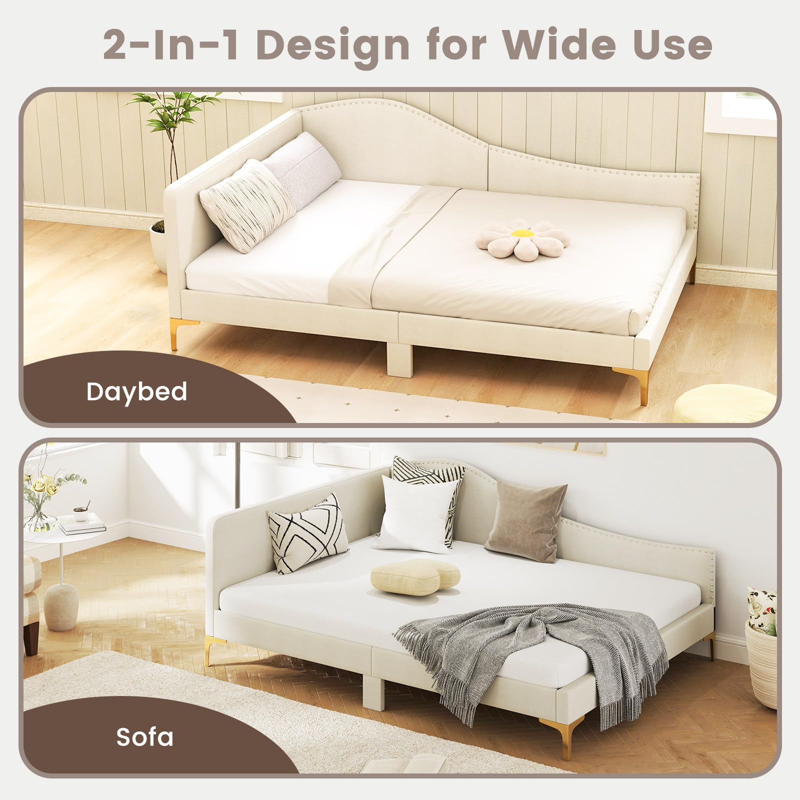 Rivet-Tufted Platform Bed Frame with Headboard, Metal Legs & Wood Slats, L-Shaped Corner Sofa Bed