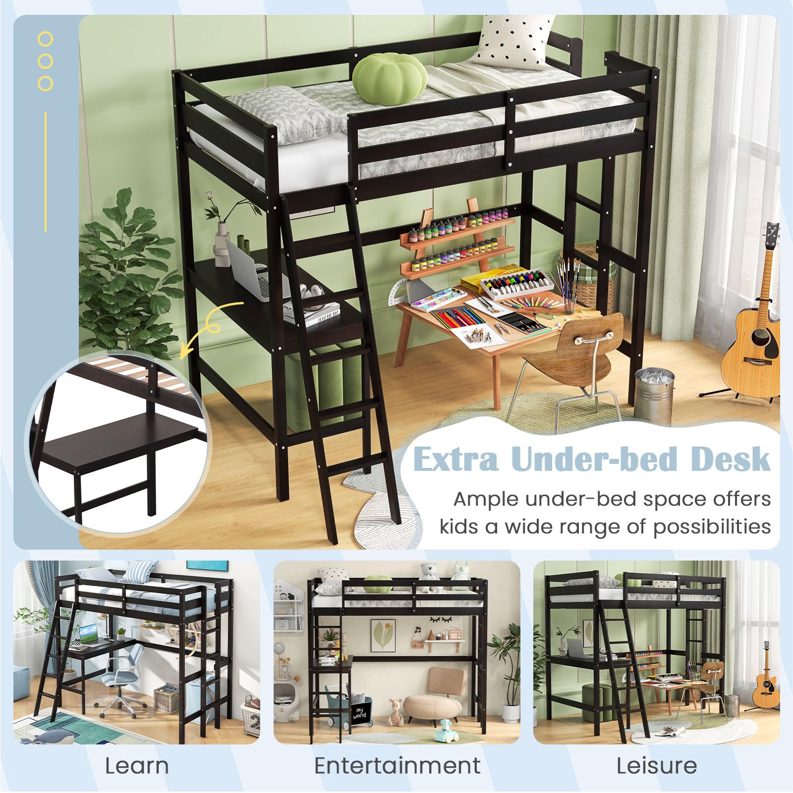 Twin Size Wood Loft Bed with Desk, 2 Ladders, Full Length Guardrail for Kids Teens Adults