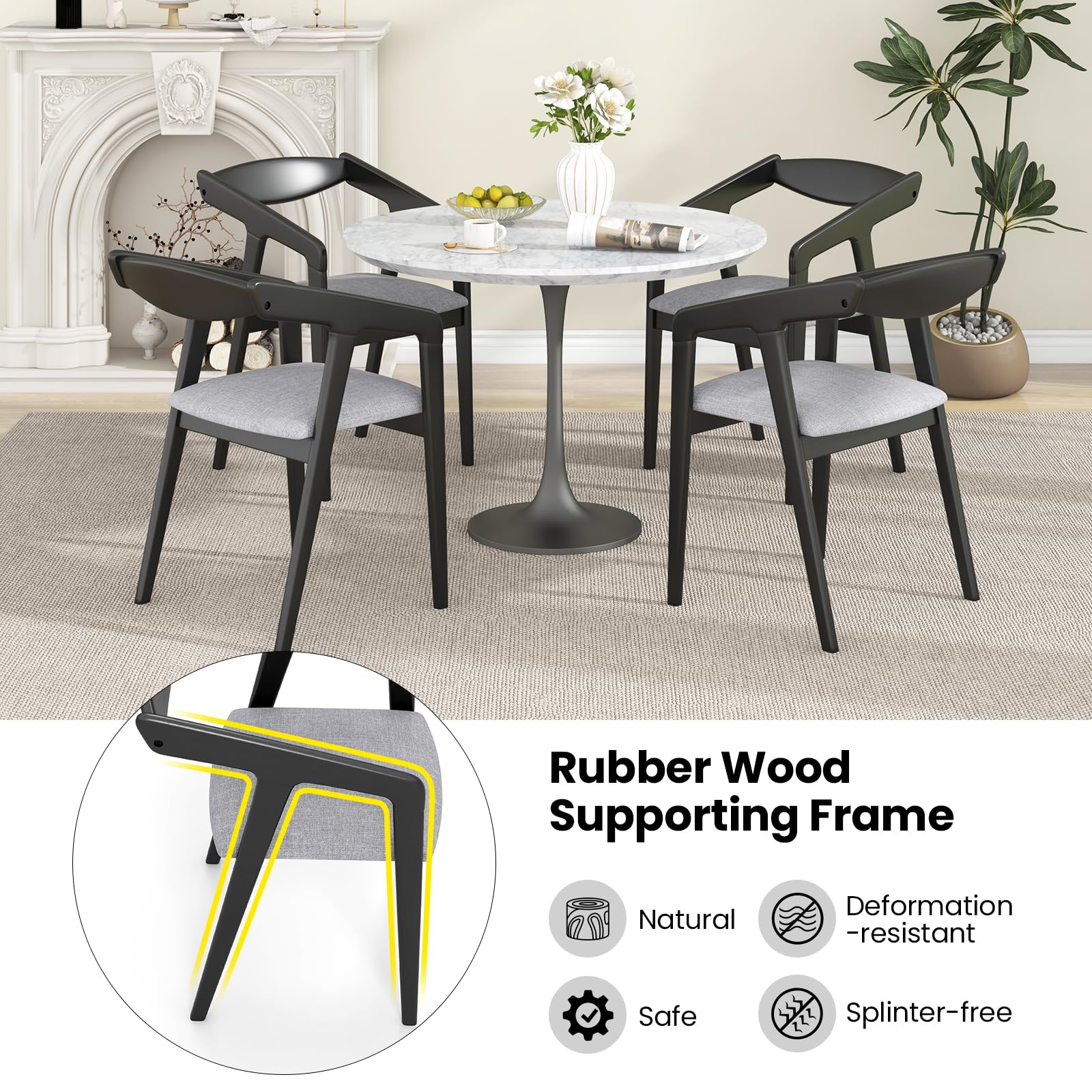 Wooden Dining Chairs Set of 2/4, Linen Fabric Upholstered Kitchen Chairs w/Armrests & Padded Cushion, Rubber Wood Frame